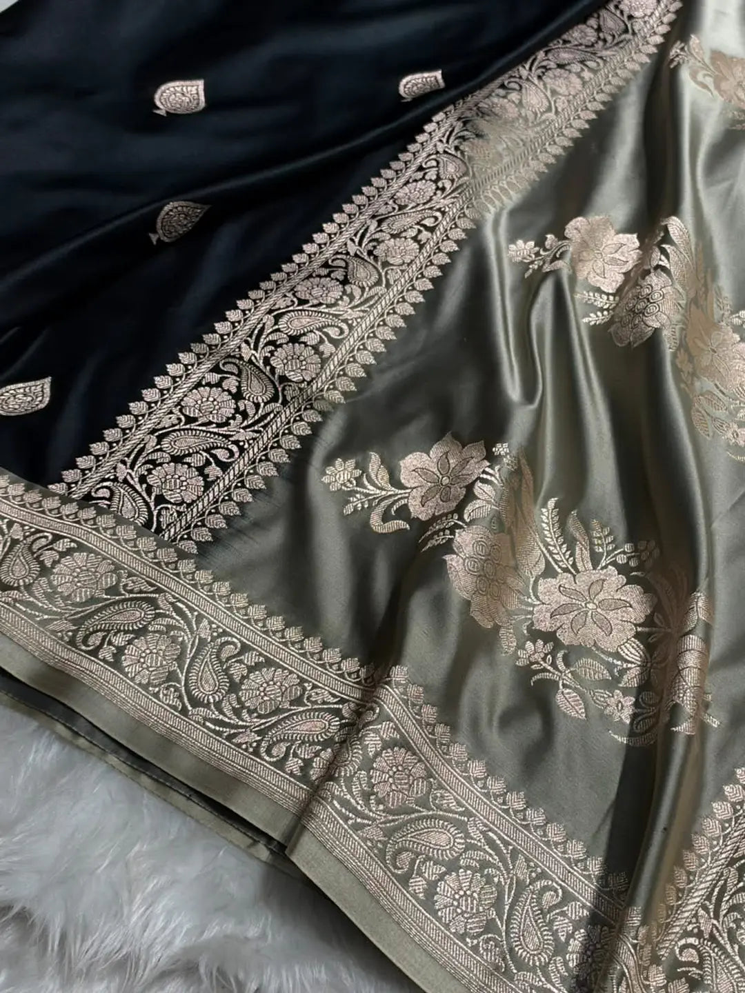 Midnight Contrast — Mashru Silk Banarasi Saree in Black