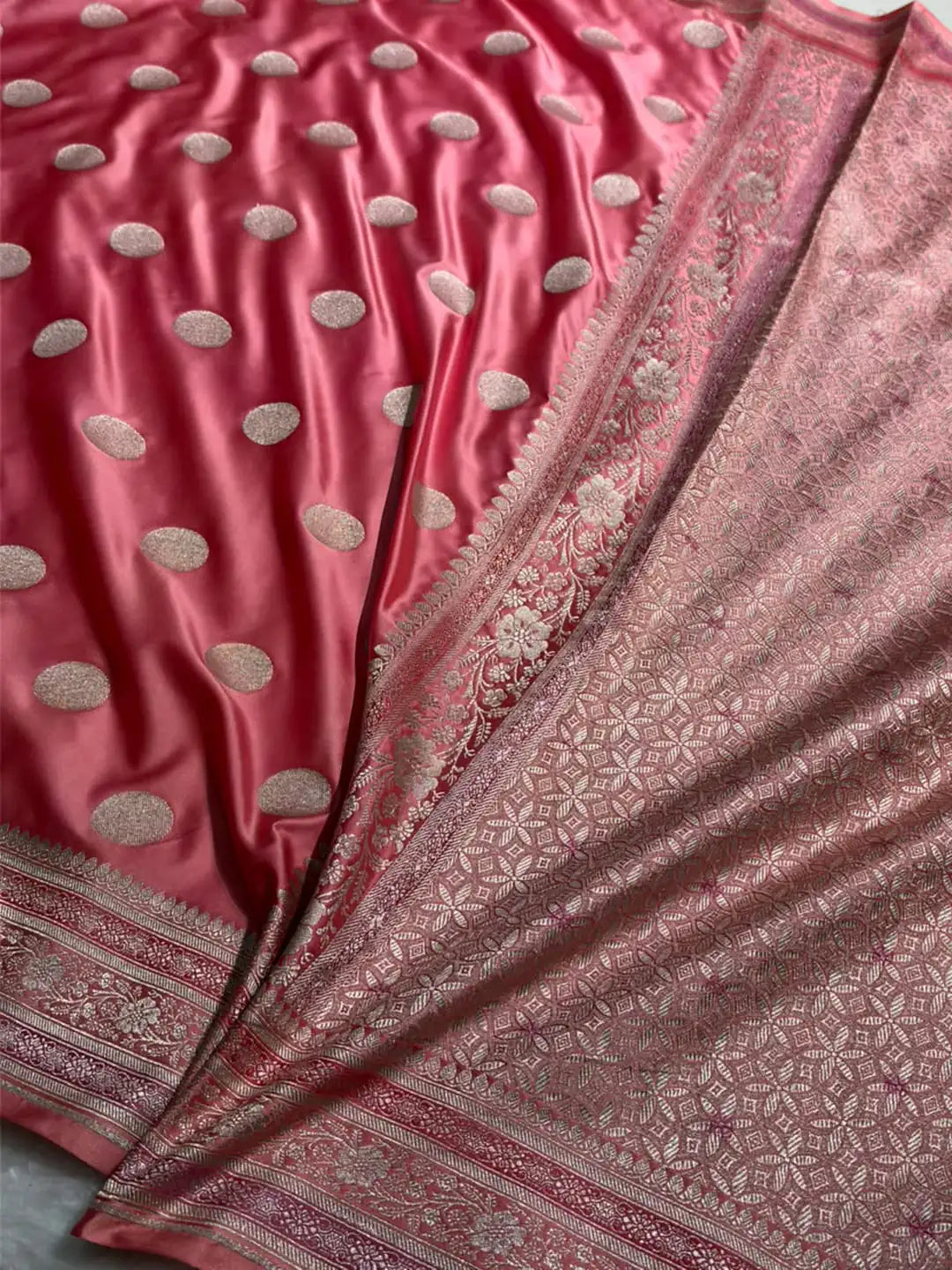 Peach Mashru silk saree with polka booti circular motifs and floral vine border - Katan Banaras