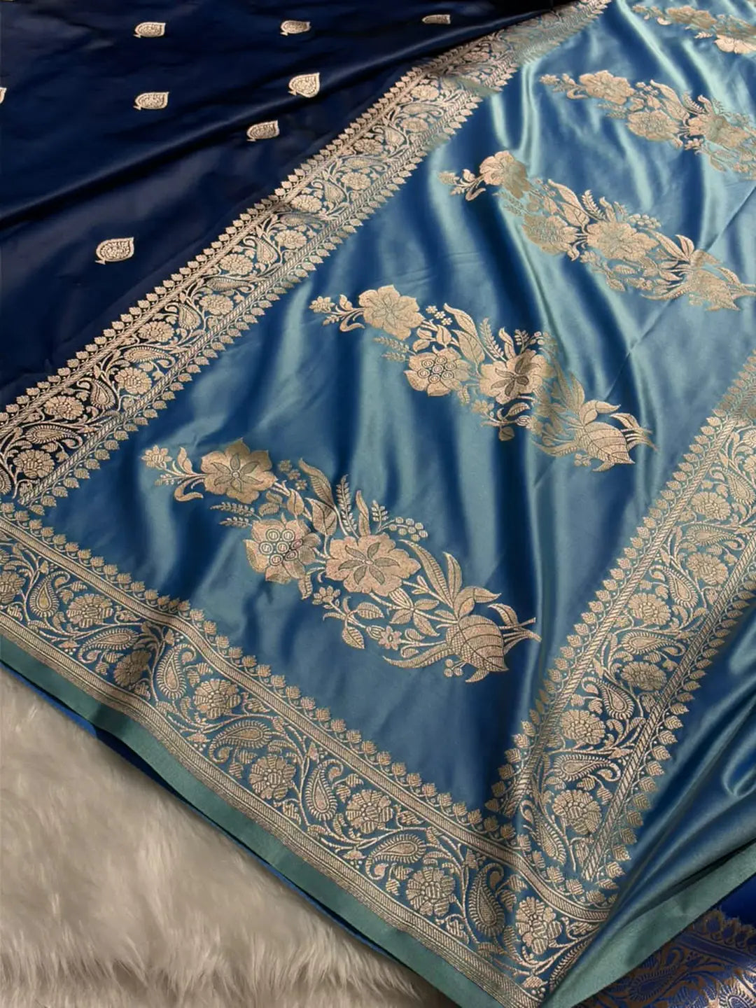 Moonlit Florals — Mashru Silk Banarasi Saree in Navy Blue