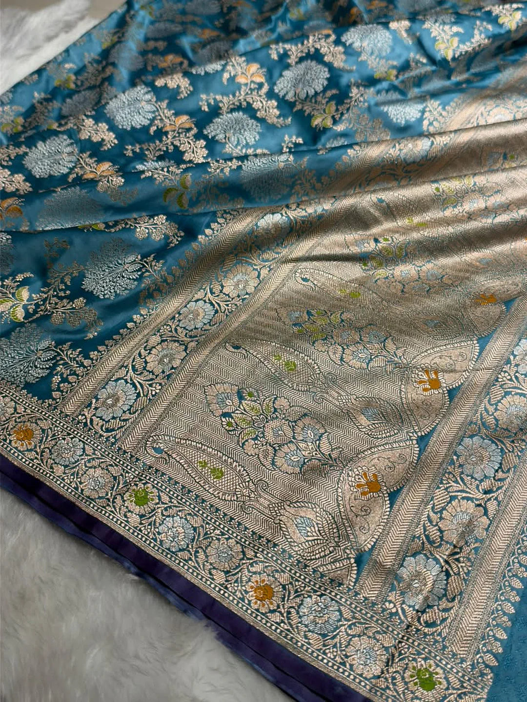 Blue Meadow — Mashru Silk Banarasi Saree in Dusty German Blue