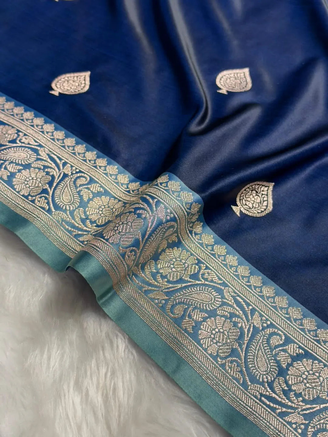 Moonlit Florals — Mashru Silk Banarasi Saree in Navy Blue