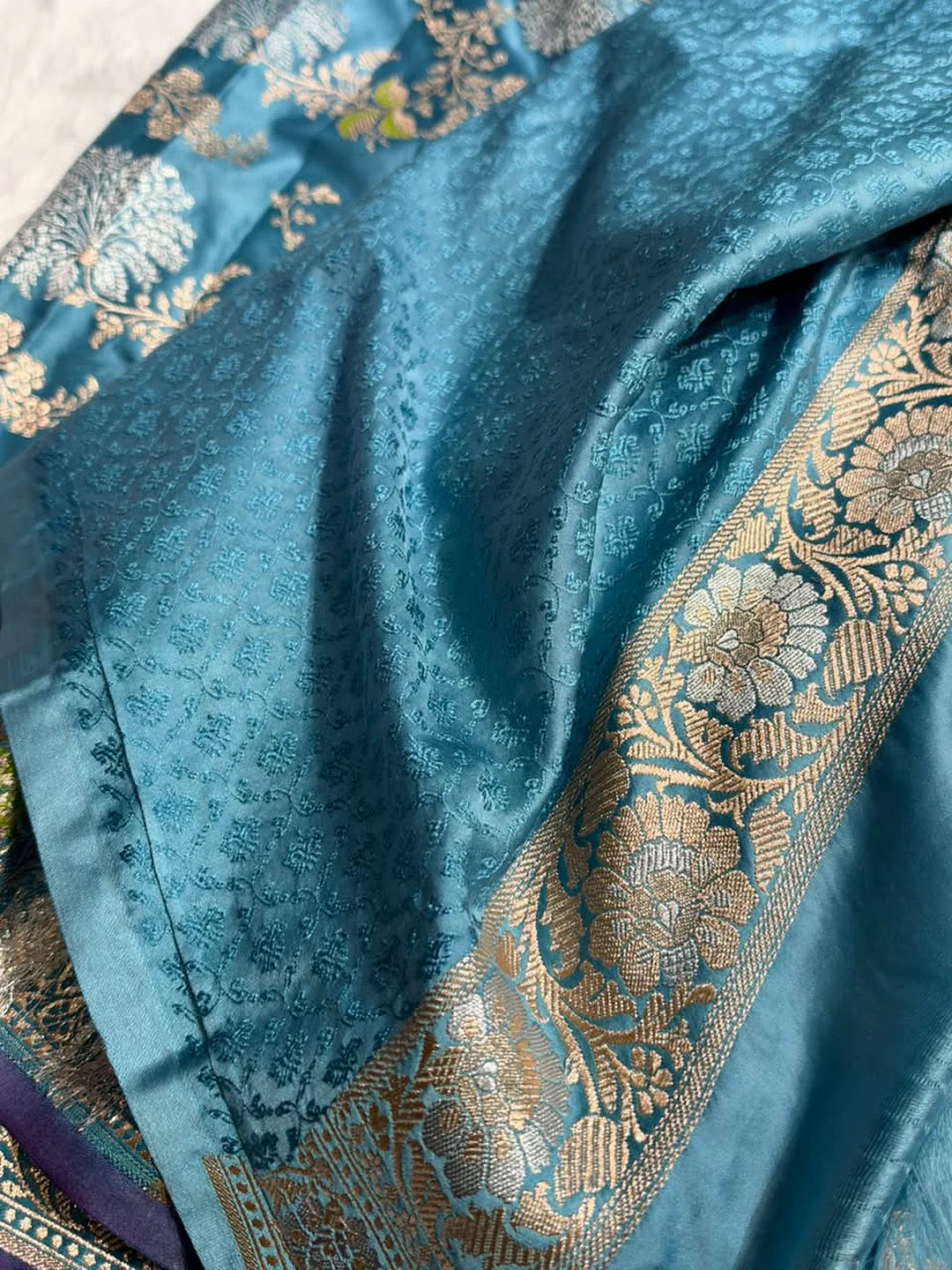 Blue Meadow — Mashru Silk Banarasi Saree in Dusty German Blue