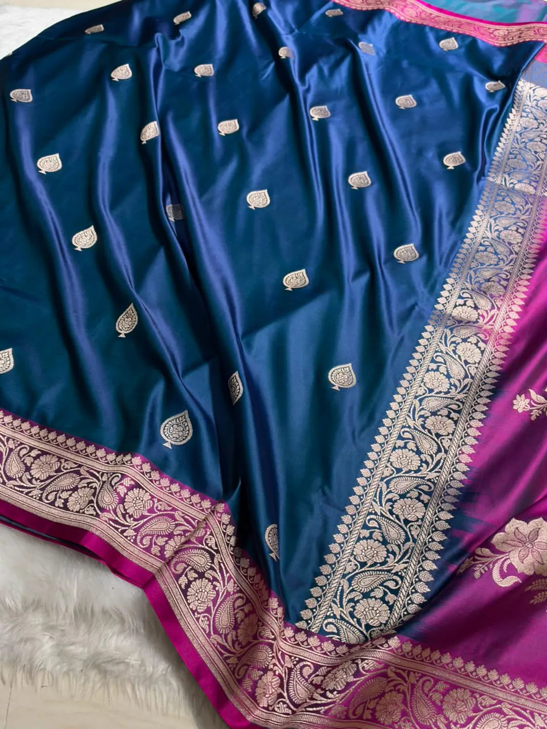 Sapphire Bloom — Mashru Silk Banarasi Saree in German Blue
