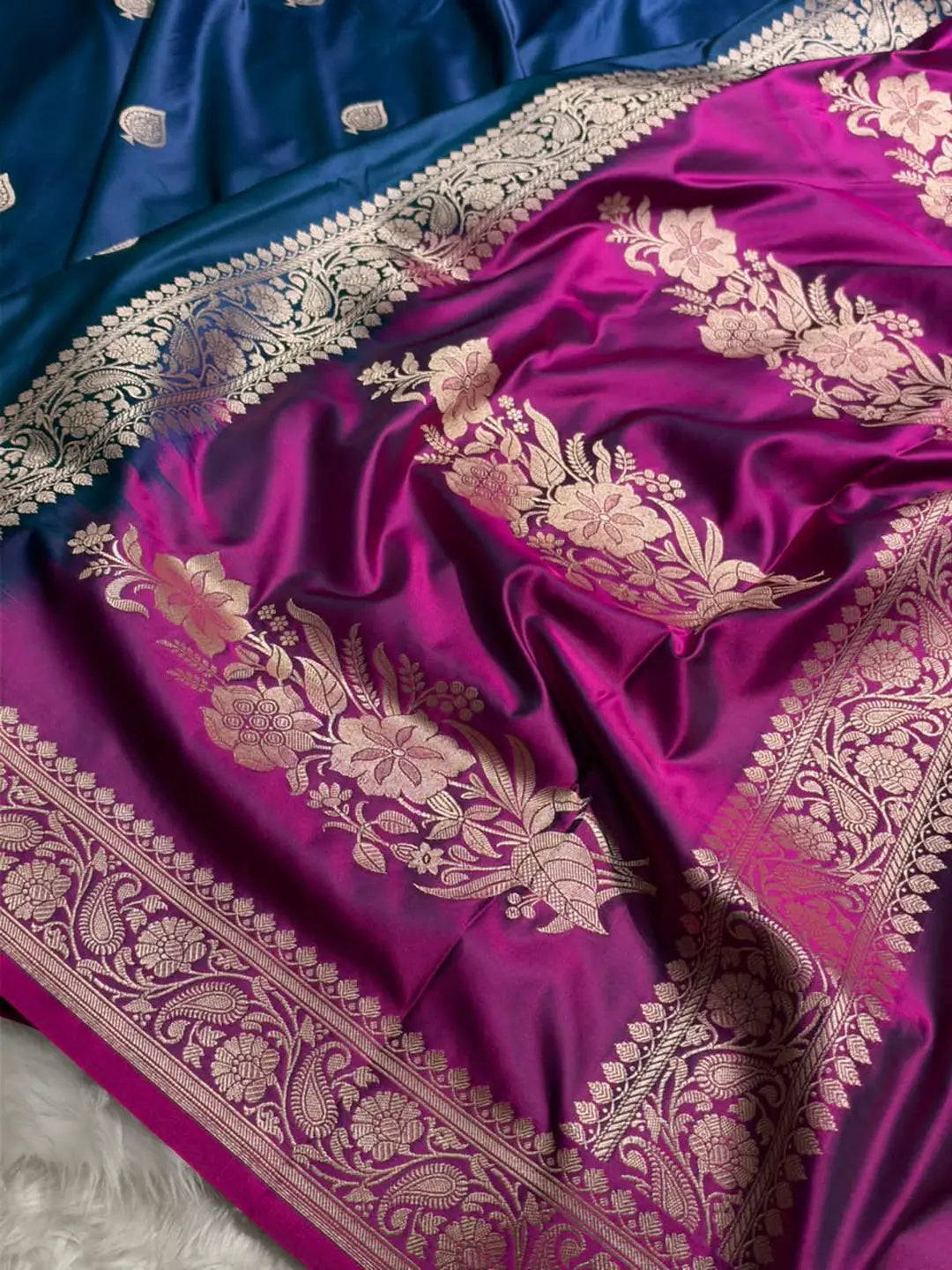 Sapphire Bloom — Mashru Silk Banarasi Saree in German Blue
