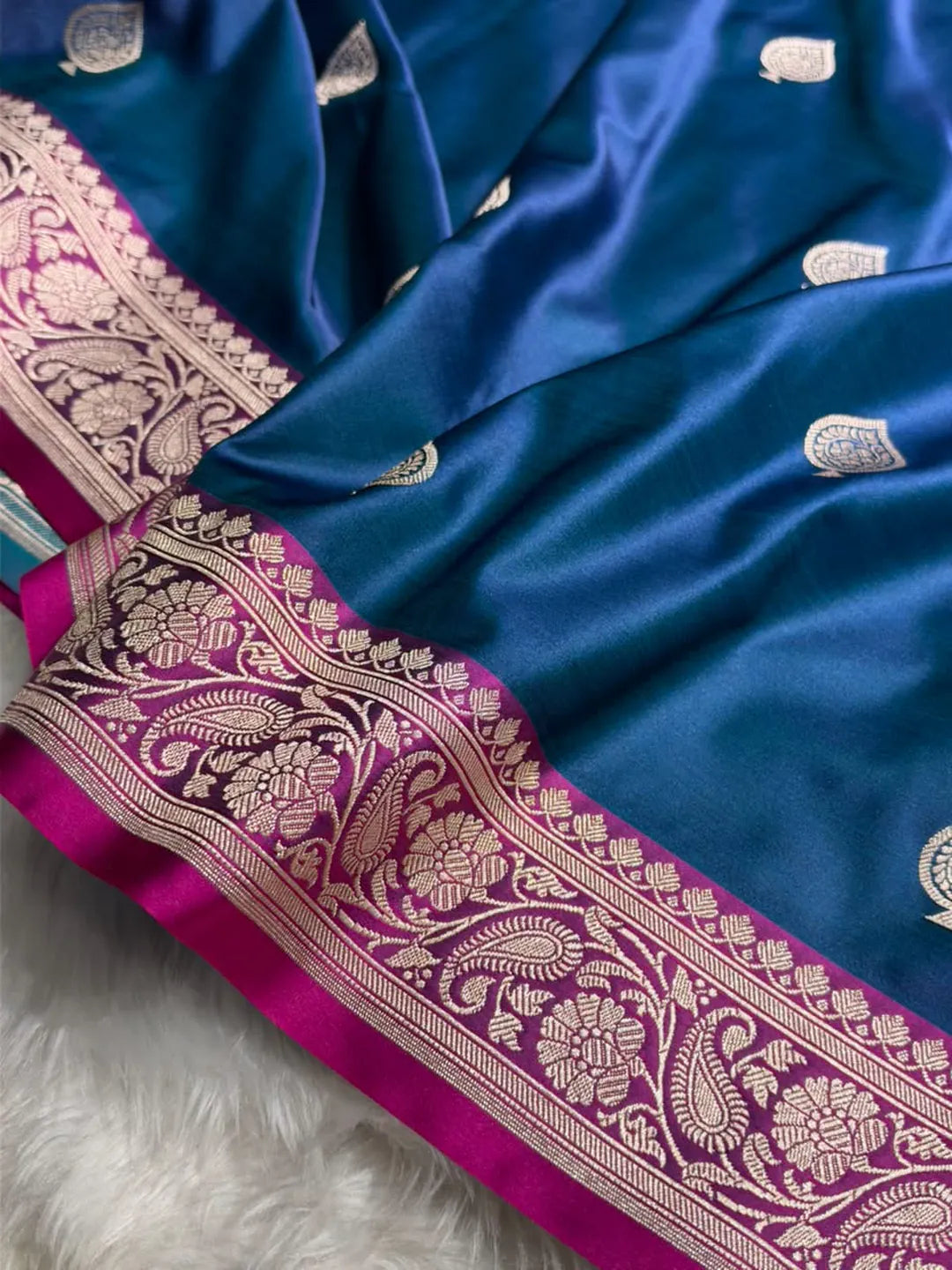 Sapphire Bloom — Mashru Silk Banarasi Saree in German Blue