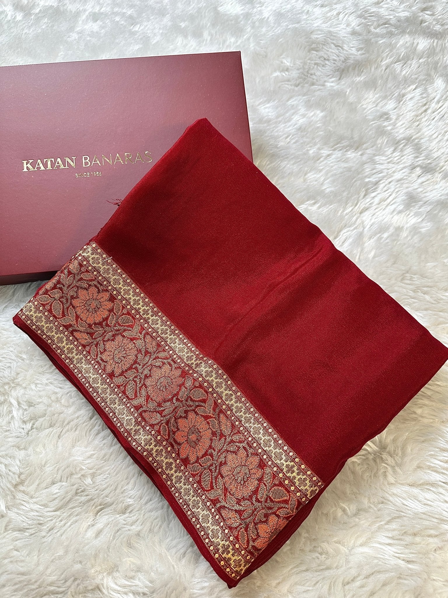 Maroon Pure Chiffon Silk Banarasi Saree with Golden Zari Floral Border - Katan Banaras