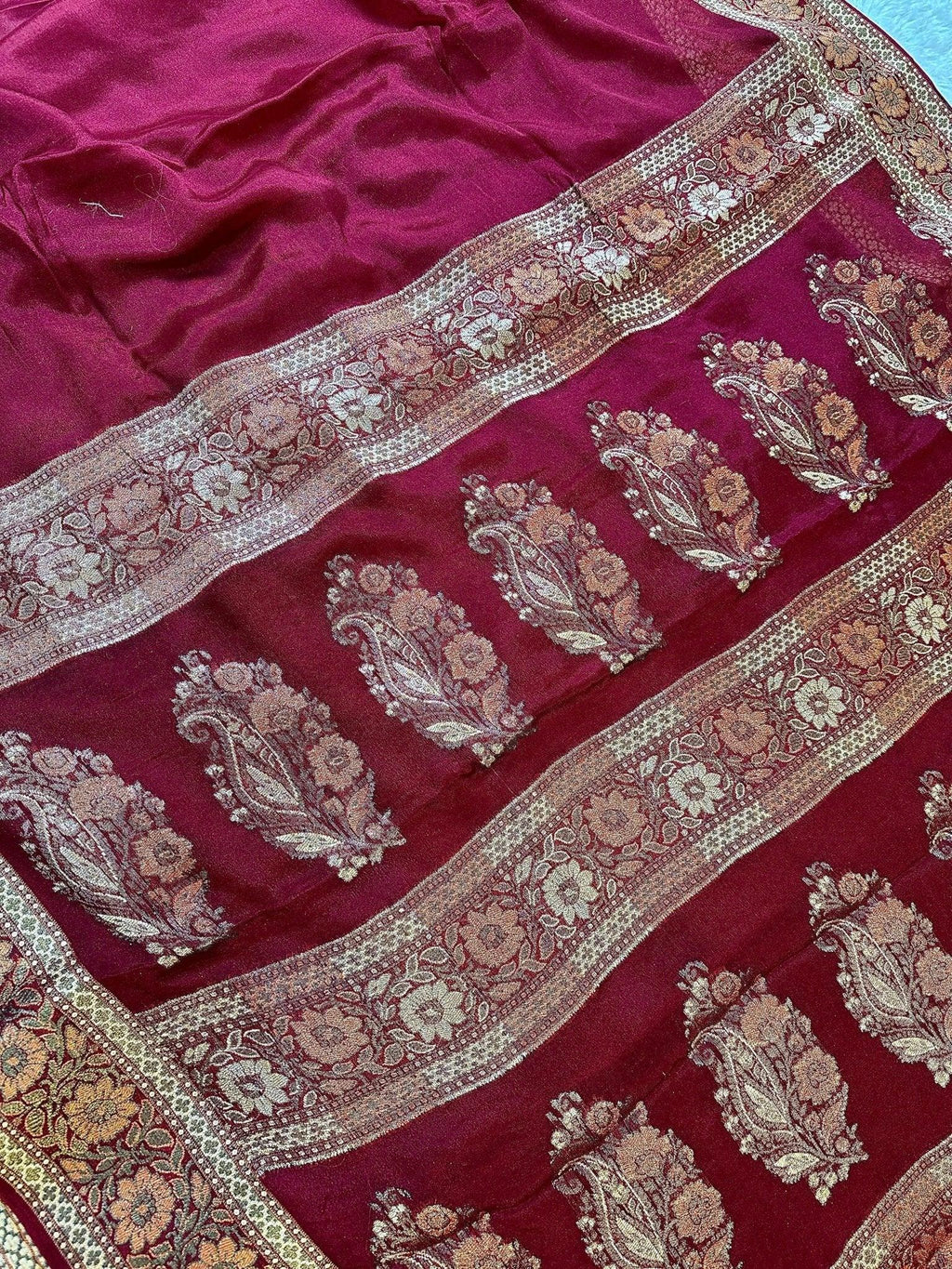Maroon Pure Chiffon Silk Banarasi Saree with Golden Zari Floral Border - Katan Banaras