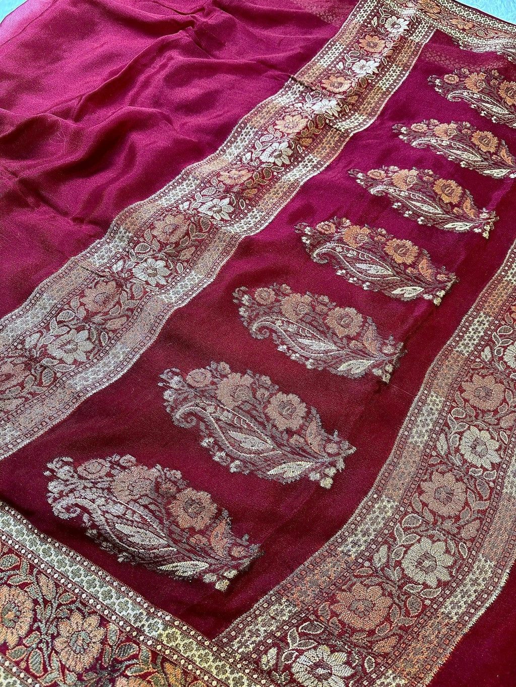 Maroon Pure Chiffon Silk Banarasi Saree with Golden Zari Floral Border - Katan Banaras