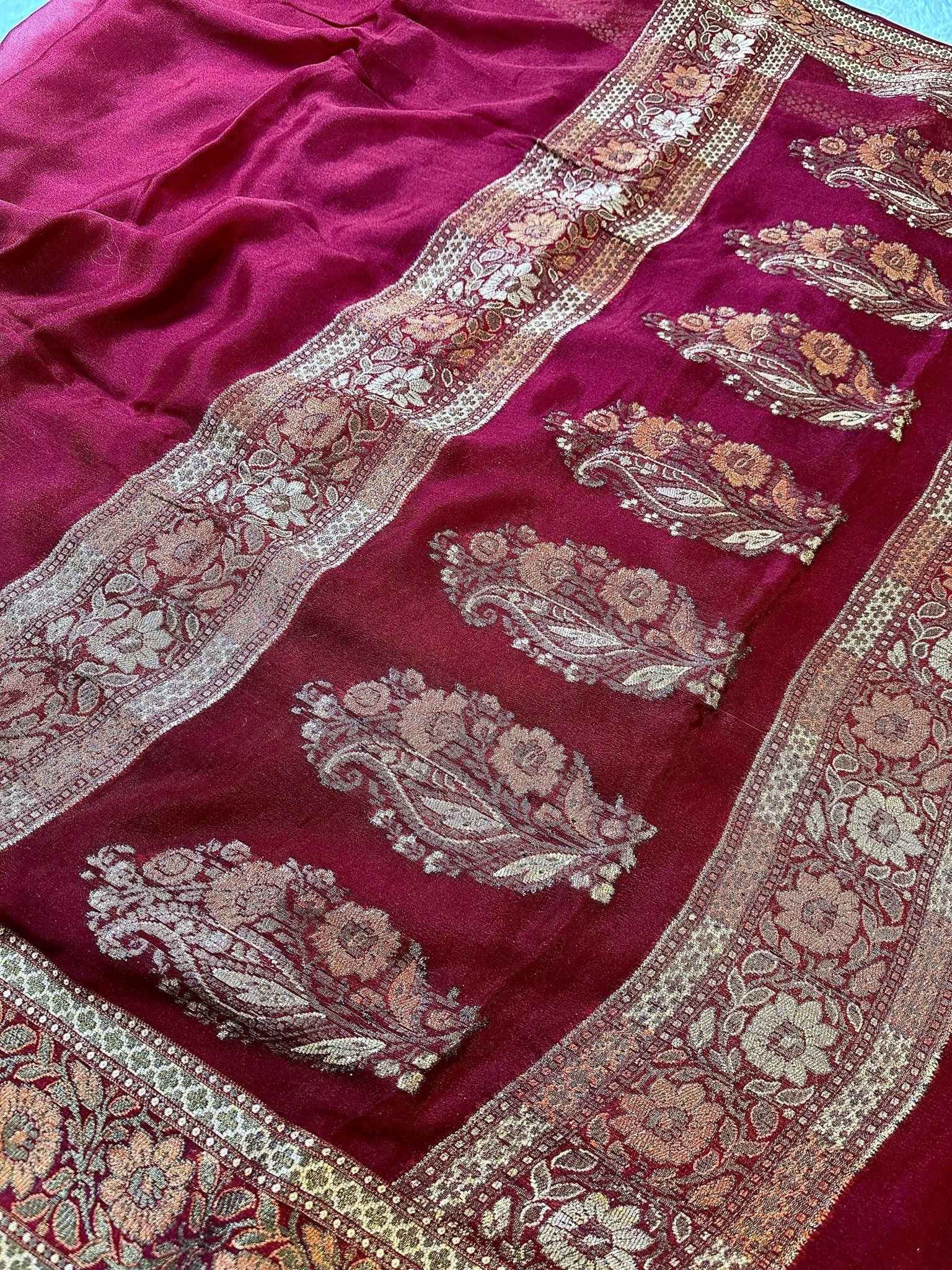 Maroon Pure Chiffon Silk Banarasi Saree with Golden Zari Floral Border - Katan Banaras