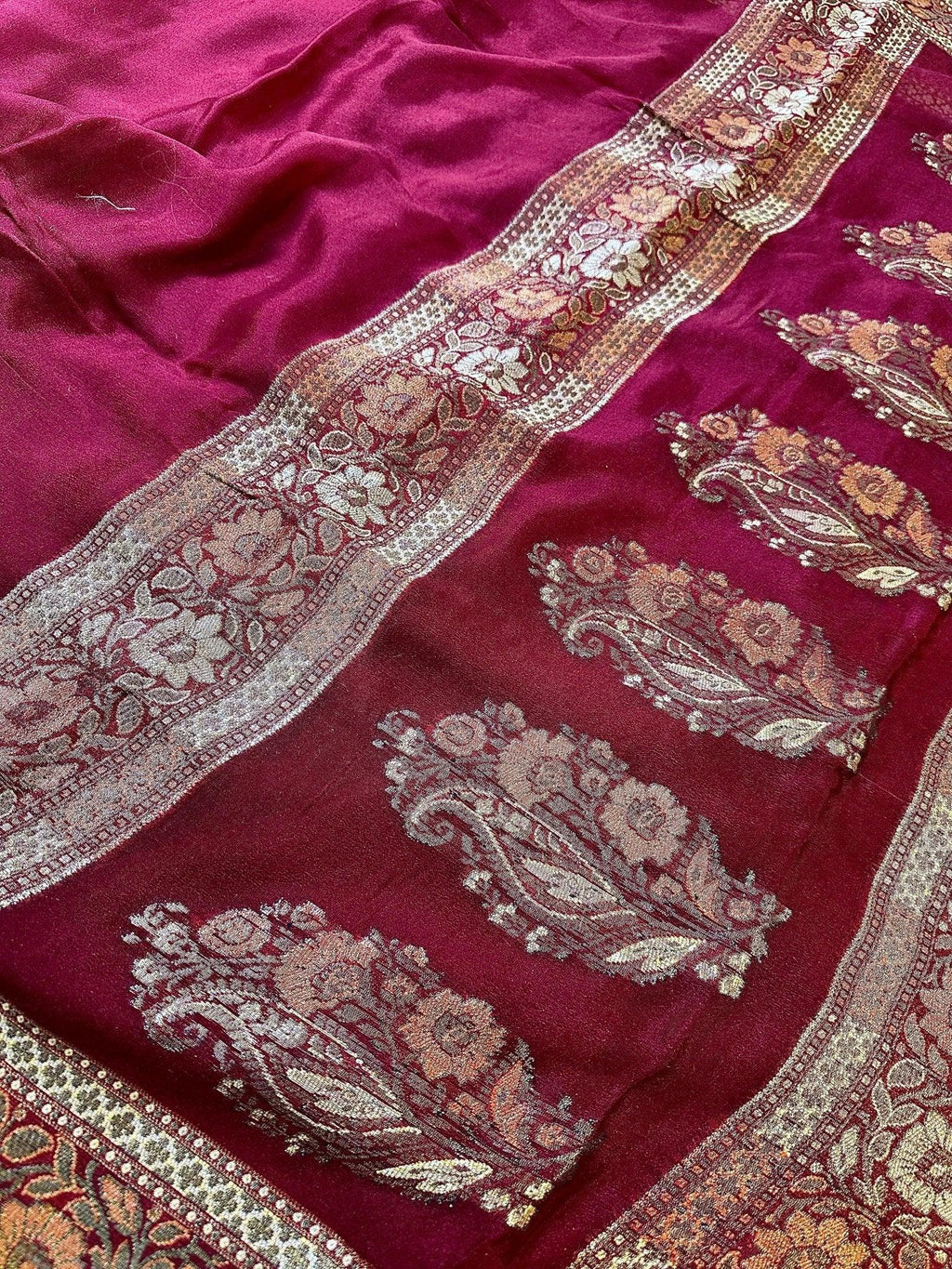 Maroon Pure Chiffon Silk Banarasi Saree with Golden Zari Floral Border - Katan Banaras