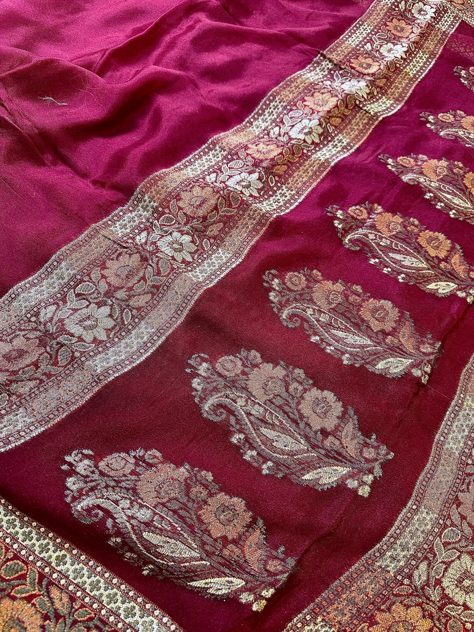 Maroon Pure Chiffon Silk Banarasi Saree with Golden Zari Floral Border - Katan Banaras