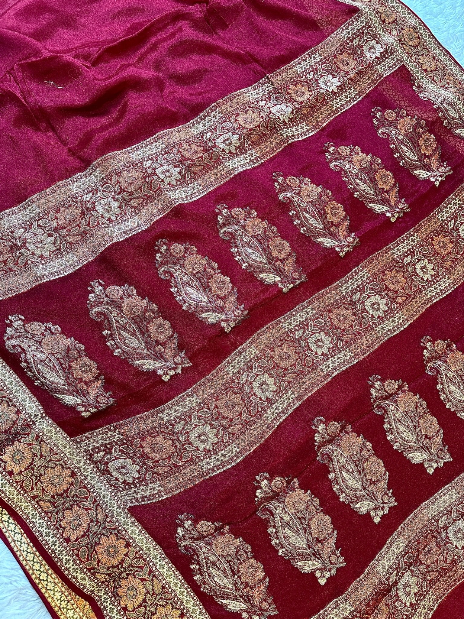 Maroon Pure Chiffon Silk Banarasi Saree with Golden Zari Floral Border - Katan Banaras