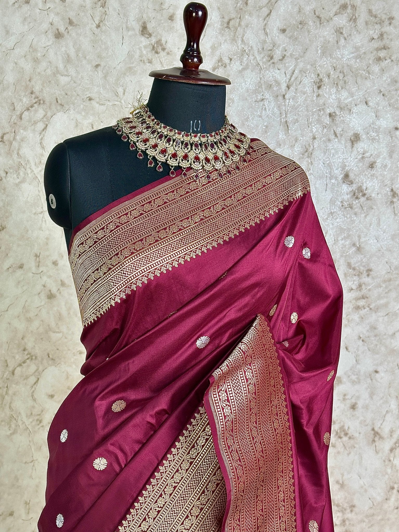 Maroon Pure Katan Silk Banarasi Kadhwa Buta Handloom Ektara Weaved Saree with Zari Border - Katan Banaras