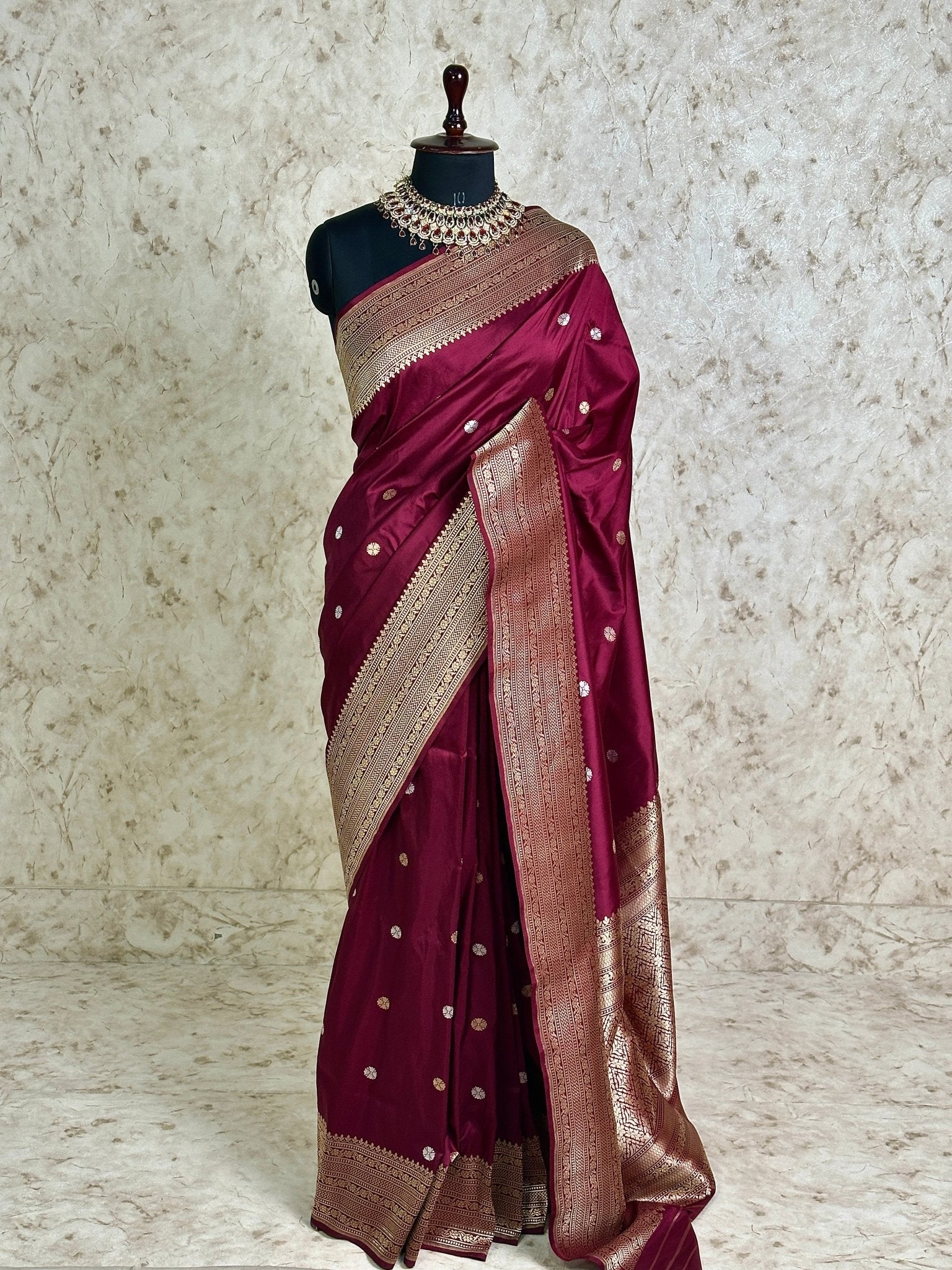 Maroon Pure Katan Silk Banarasi Kadhwa Buta Handloom Ektara Weaved Saree with Zari Border - Katan Banaras