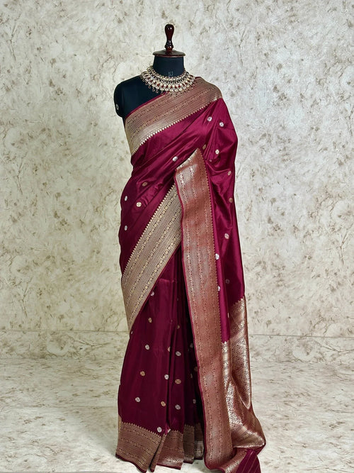Maroon Pure Katan Silk Banarasi Kadhwa Buta Handloom Ektara Weaved Saree with Zari Border - Katan Banaras
