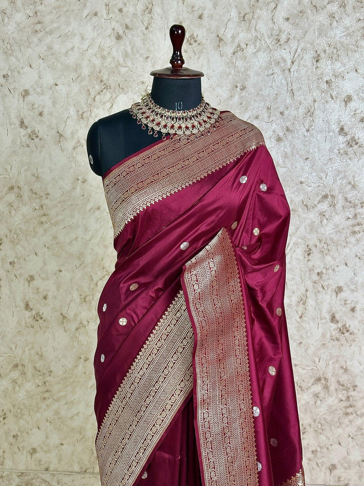 Maroon Pure Katan Silk Banarasi Kadhwa Buta Handloom Ektara Weaved Saree with Zari Border - Katan Banaras
