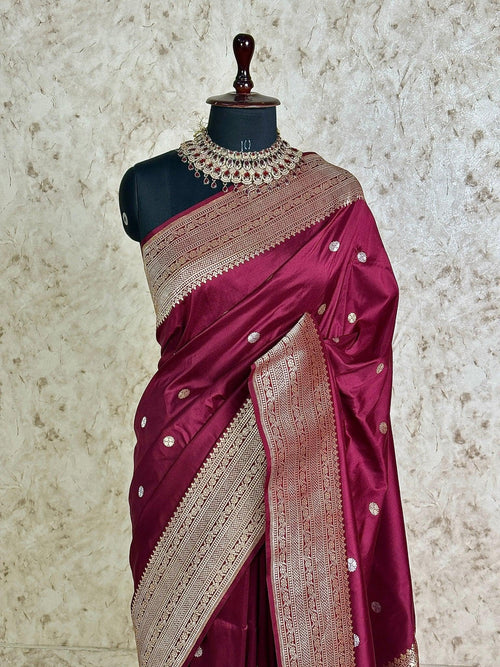 Maroon Pure Katan Silk Banarasi Kadhwa Buta Handloom Ektara Weaved Saree with Zari Border - Katan Banaras