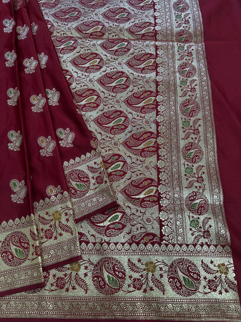Maroon Satin Silk Banarasi Saree with Designer Border and Aanchal - Katan Banaras