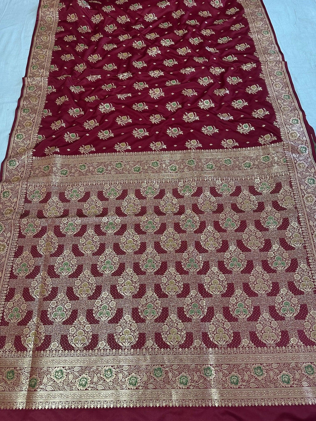 Maroon Satin Silk Banarasi Saree with Designer Border and Aanchal - Katan Banaras