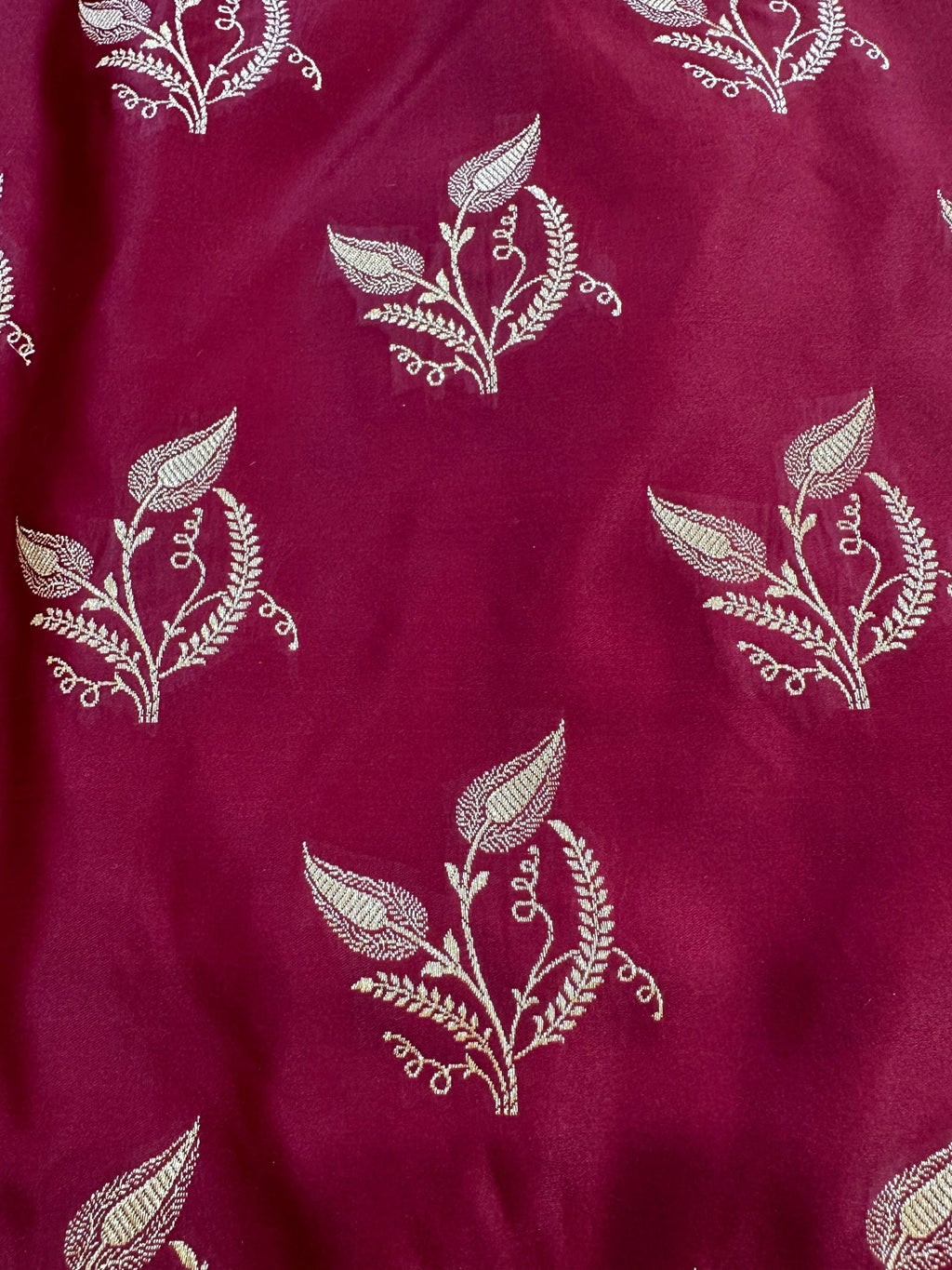 Maroon Satin Silk Banarasi Saree with Designer Zari and Mughal - Inspired Aanchal - Katan Banaras