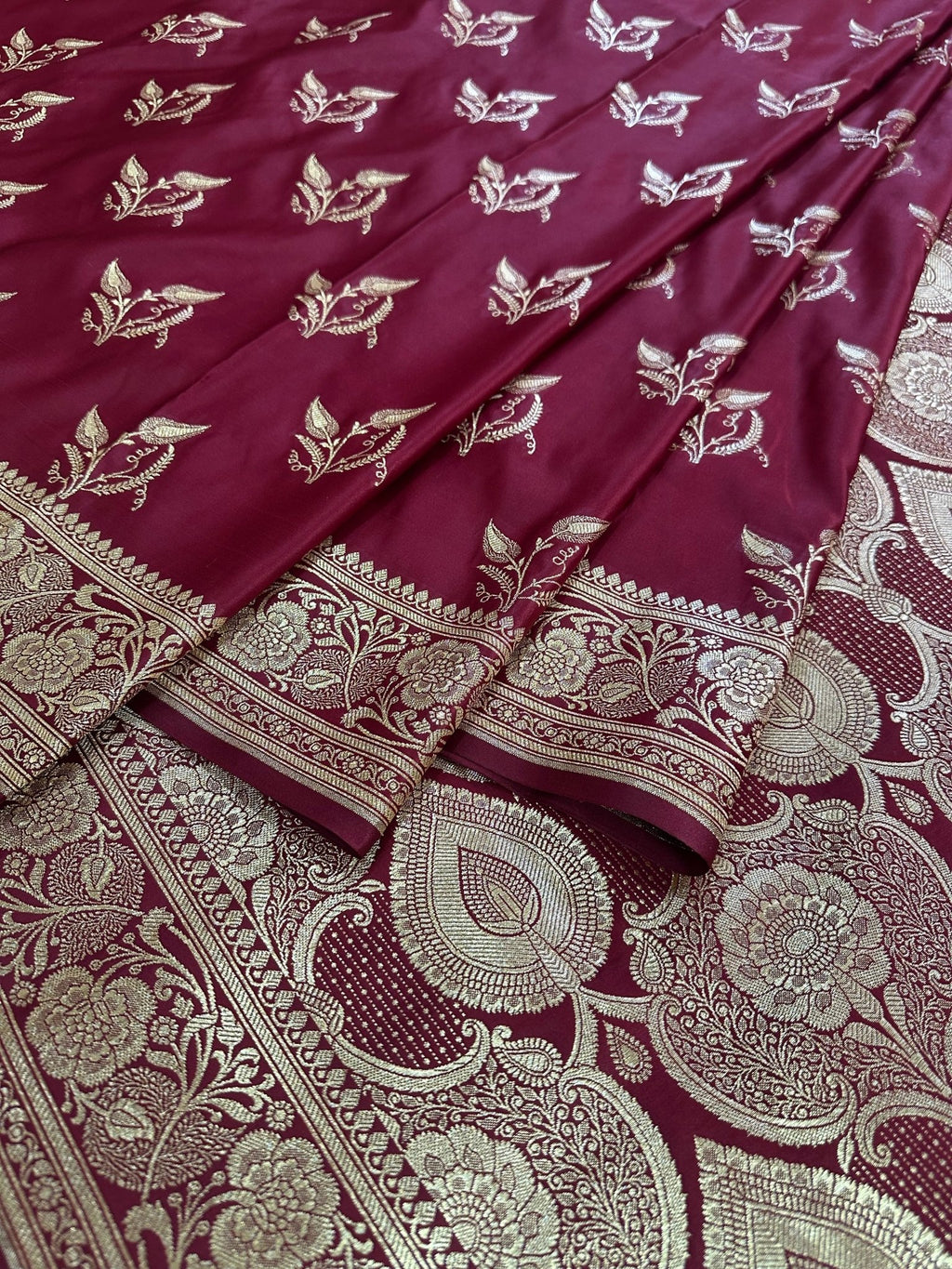 Maroon Satin Silk Banarasi Saree with Designer Zari and Mughal - Inspired Aanchal - Katan Banaras