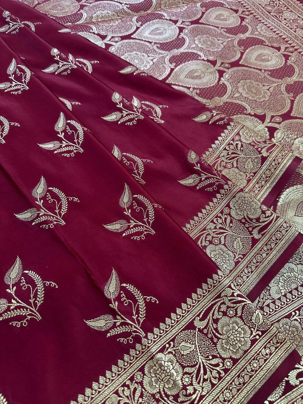 Maroon Satin Silk Banarasi Saree with Designer Zari and Mughal - Inspired Aanchal - Katan Banaras