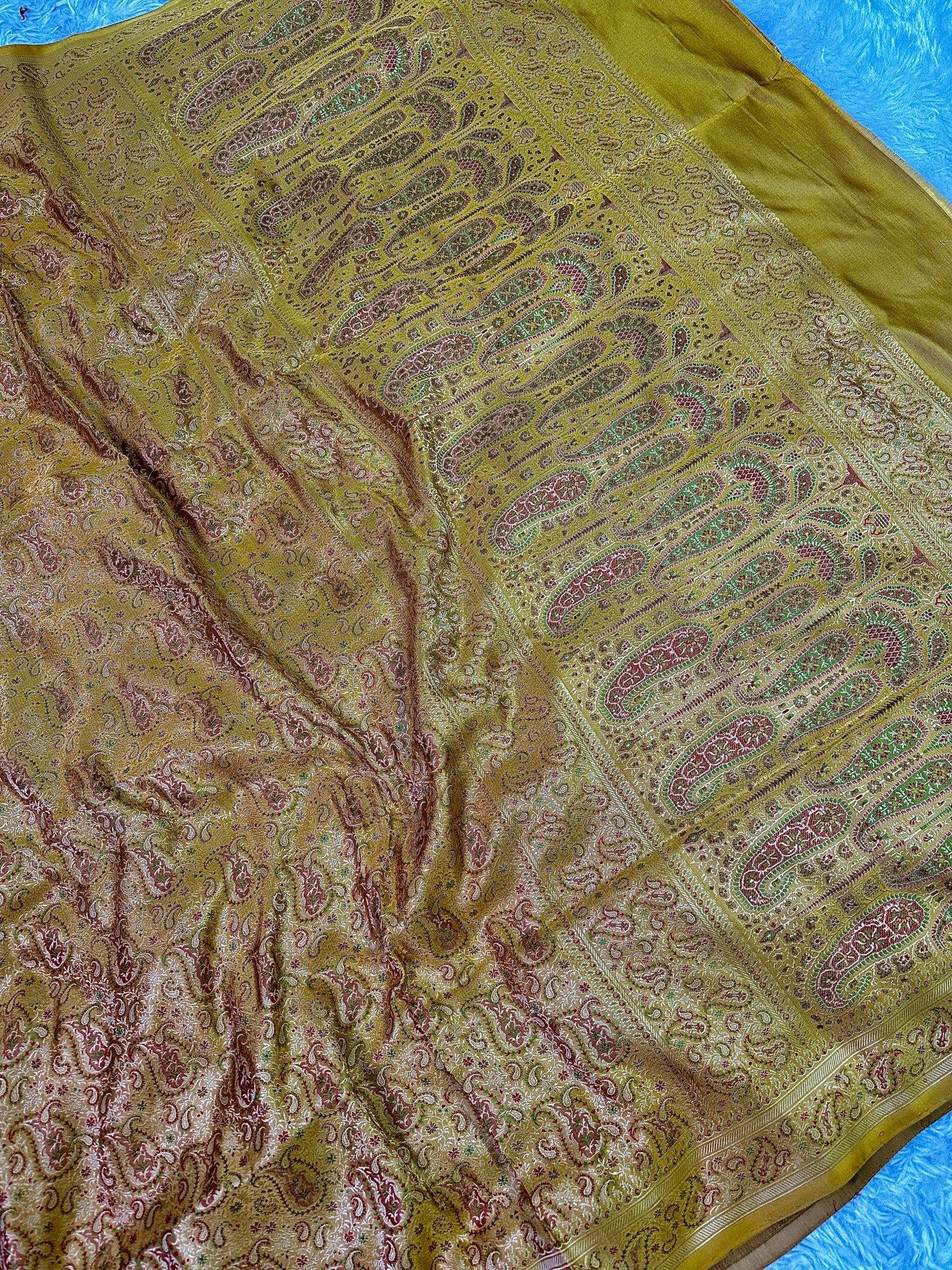 Mustard Gold Pure Banarasi Handloom Jamawar Tanchui Kadhwa Interlocked Weaved Saree - Katan Banaras