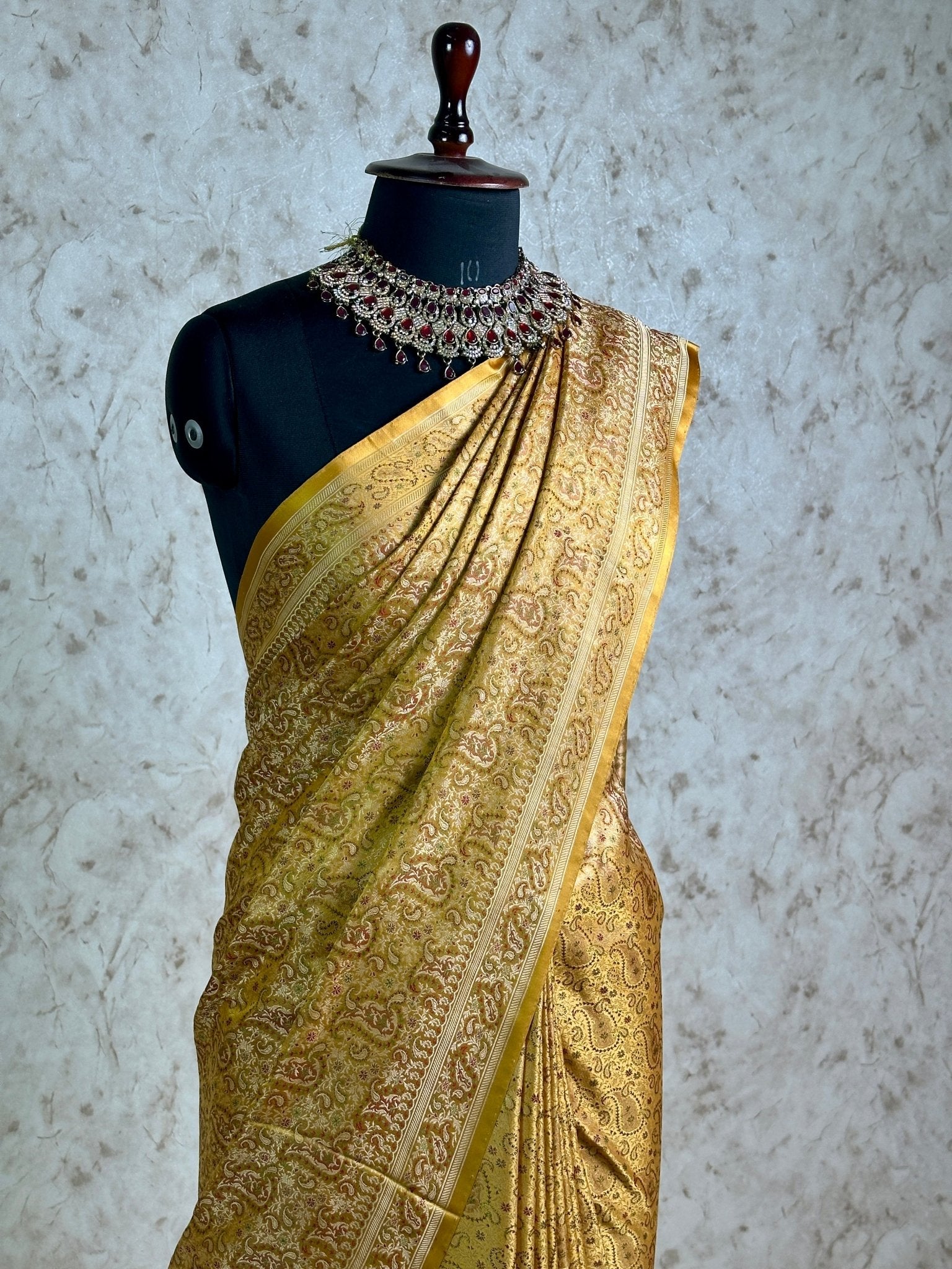 Mustard Gold Pure Banarasi Handloom Jamawar Tanchui Kadhwa Interlocked Weaved Saree - Katan Banaras