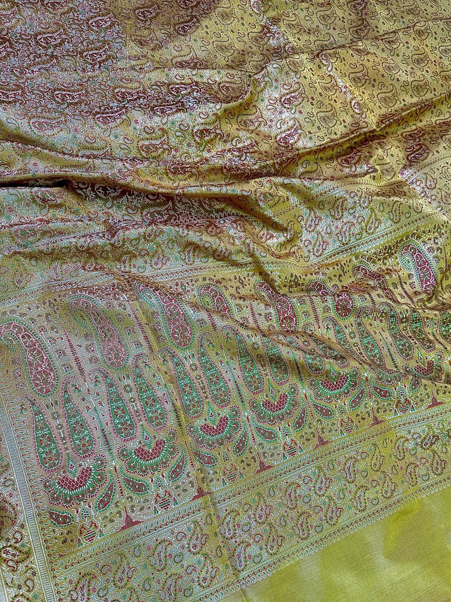 Mustard Gold Pure Banarasi Handloom Jamawar Tanchui Kadhwa Interlocked Weaved Saree - Katan Banaras