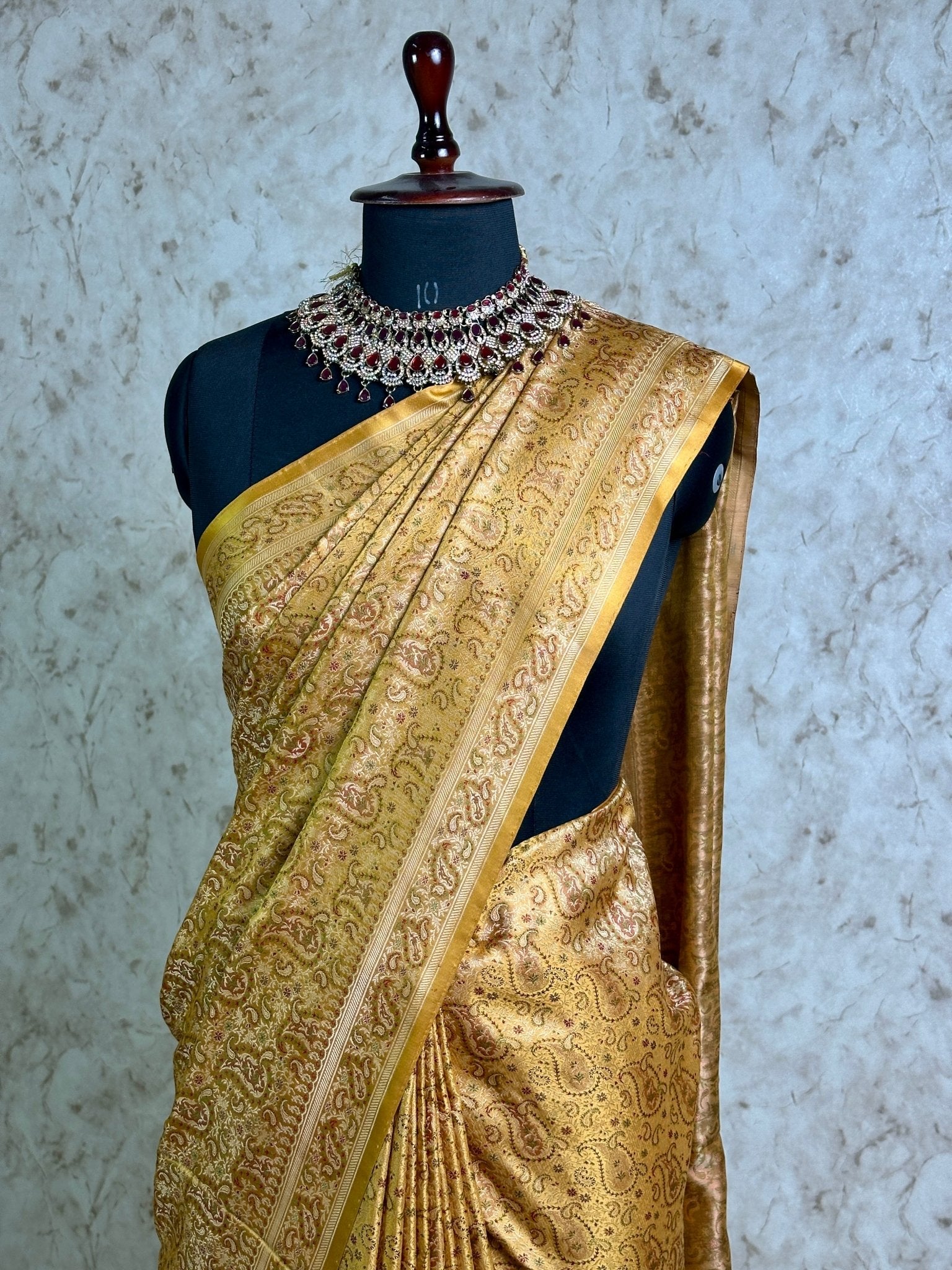 Mustard Gold Pure Banarasi Handloom Jamawar Tanchui Kadhwa Interlocked Weaved Saree - Katan Banaras