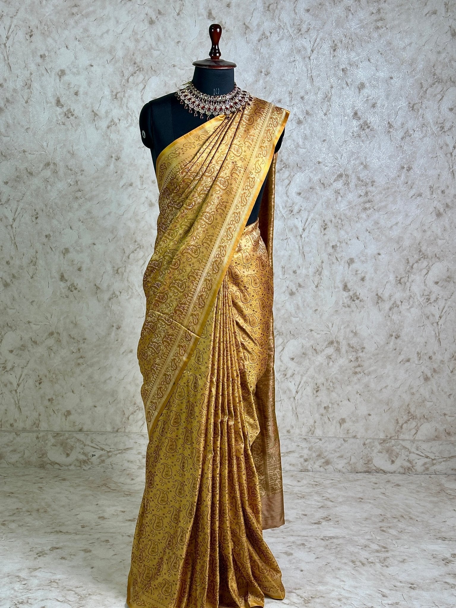 Mustard Gold Pure Banarasi Handloom Jamawar Tanchui Kadhwa Interlocked Weaved Saree - Katan Banaras