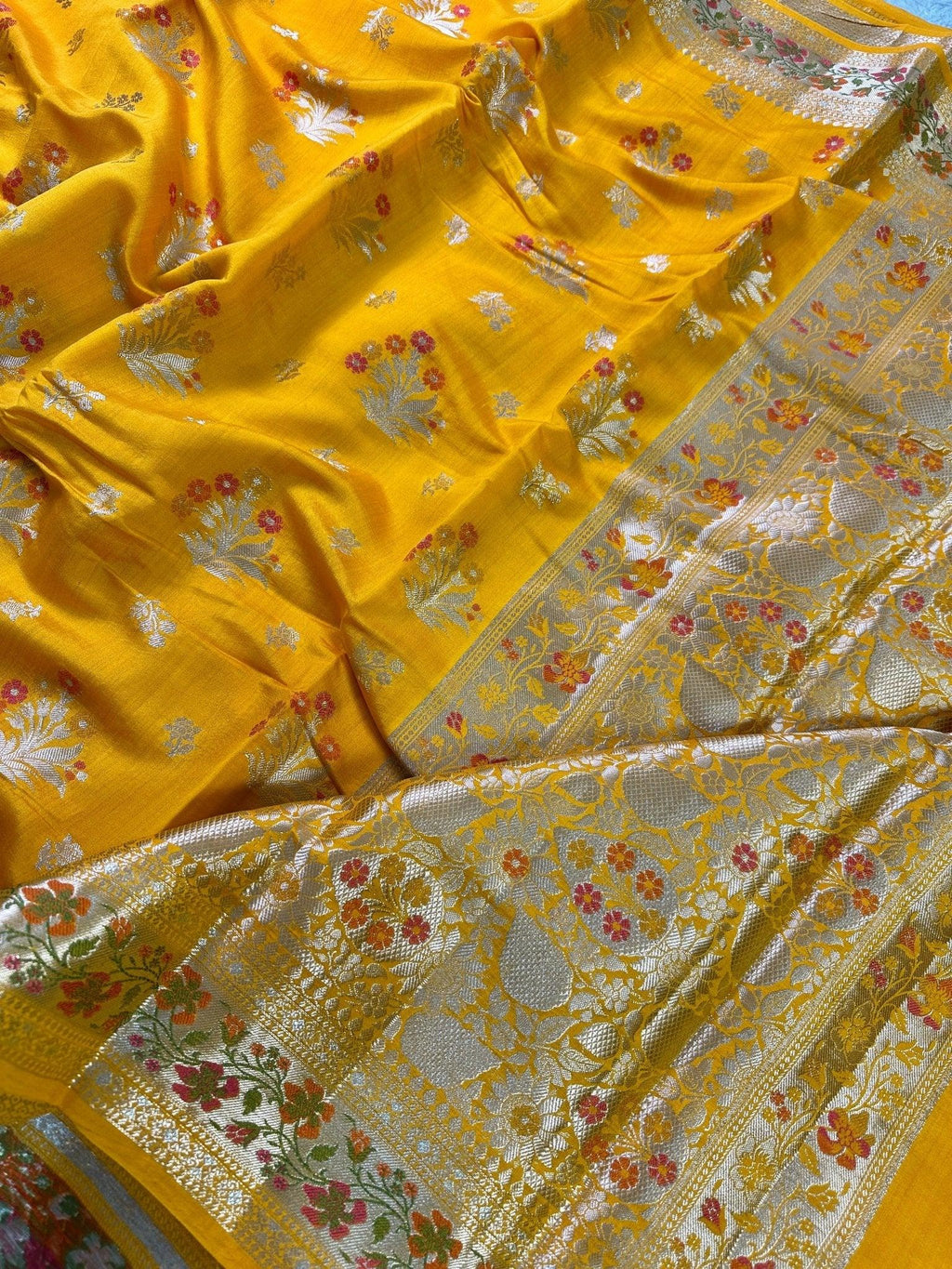 Mustard Yellow Pure Chiniya Katan Silk Banarasi Saree with Meenakari Floral Buti and Gold Zari Border - Katan Banaras