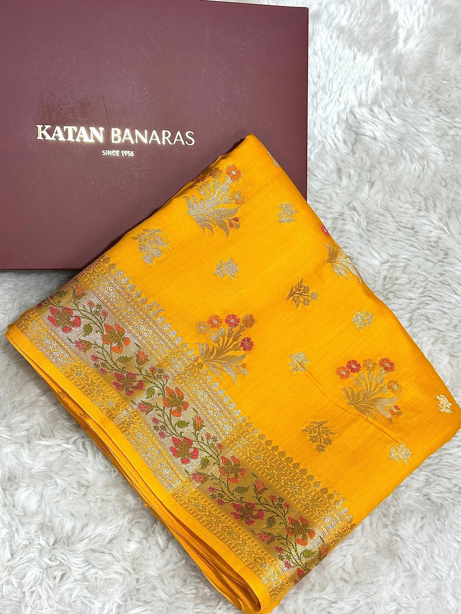 Mustard Yellow Pure Chiniya Katan Silk Banarasi Saree with Meenakari Floral Buti and Gold Zari Border - Katan Banaras