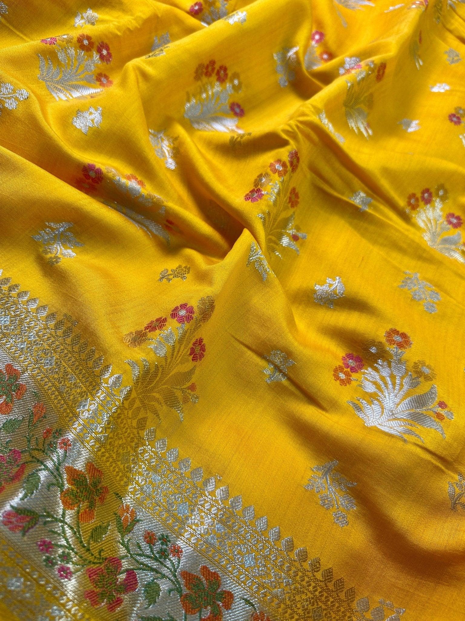 Mustard Yellow Pure Chiniya Katan Silk Banarasi Saree with Meenakari Floral Buti and Gold Zari Border - front view of Pure Chiniya Katan Silk Banarasi Saree
