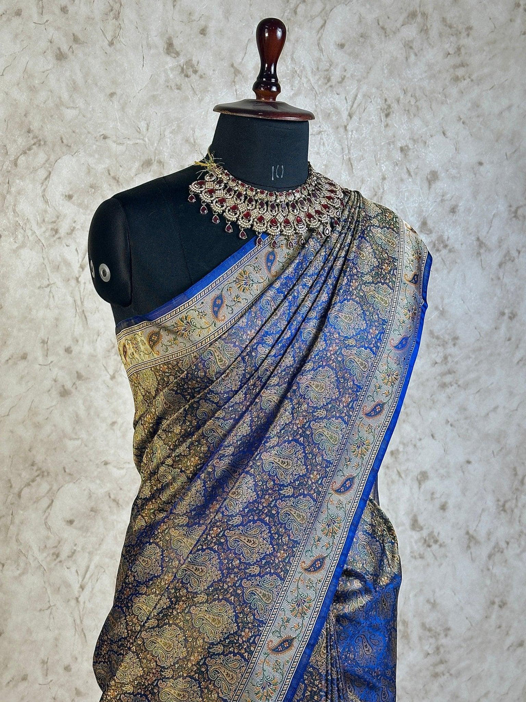 Navy Blue Pure Banarasi Handloom Jamawar Tanchui Kadhwa Interlocked Weaved Saree - Katan Banaras