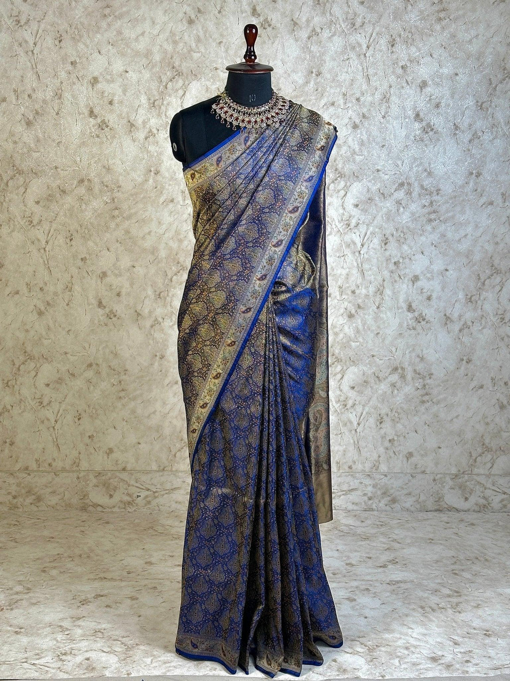 Navy Blue Pure Banarasi Handloom Jamawar Tanchui Kadhwa Interlocked Weaved Saree - Katan Banaras