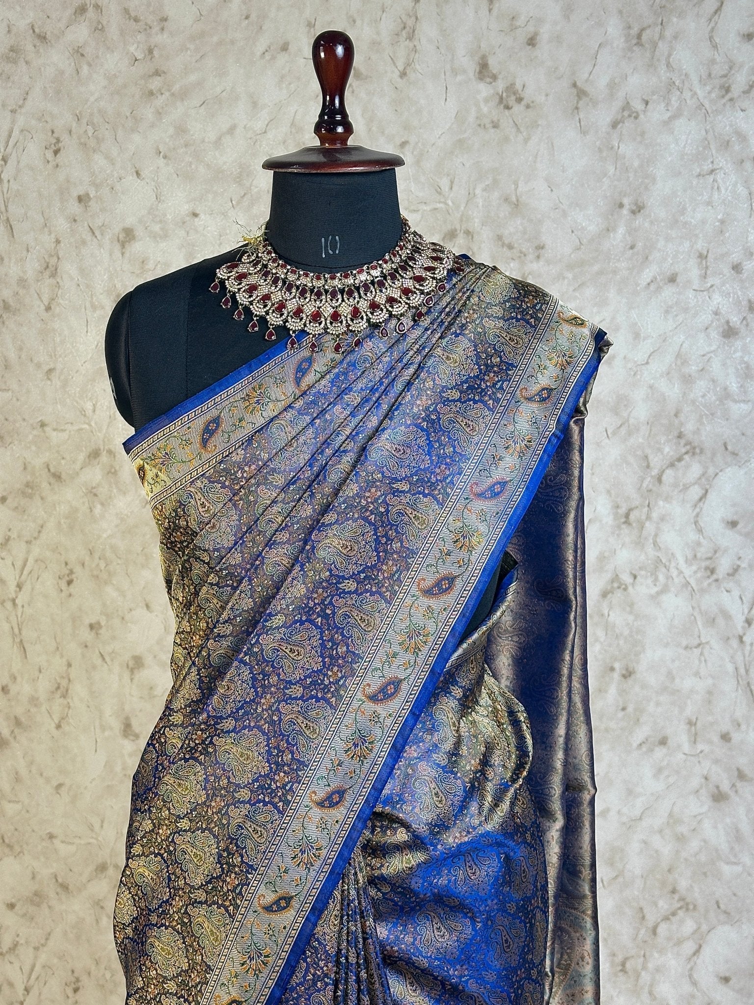 Navy Blue Pure Banarasi Handloom Jamawar Tanchui Kadhwa Interlocked Weaved Saree - Katan Banaras