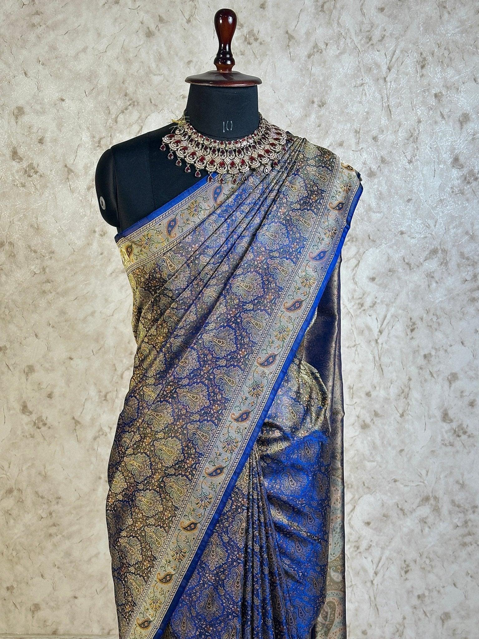 Navy Blue Pure Banarasi Handloom Jamawar Tanchui Kadhwa Interlocked Weaved Saree - Katan Banaras