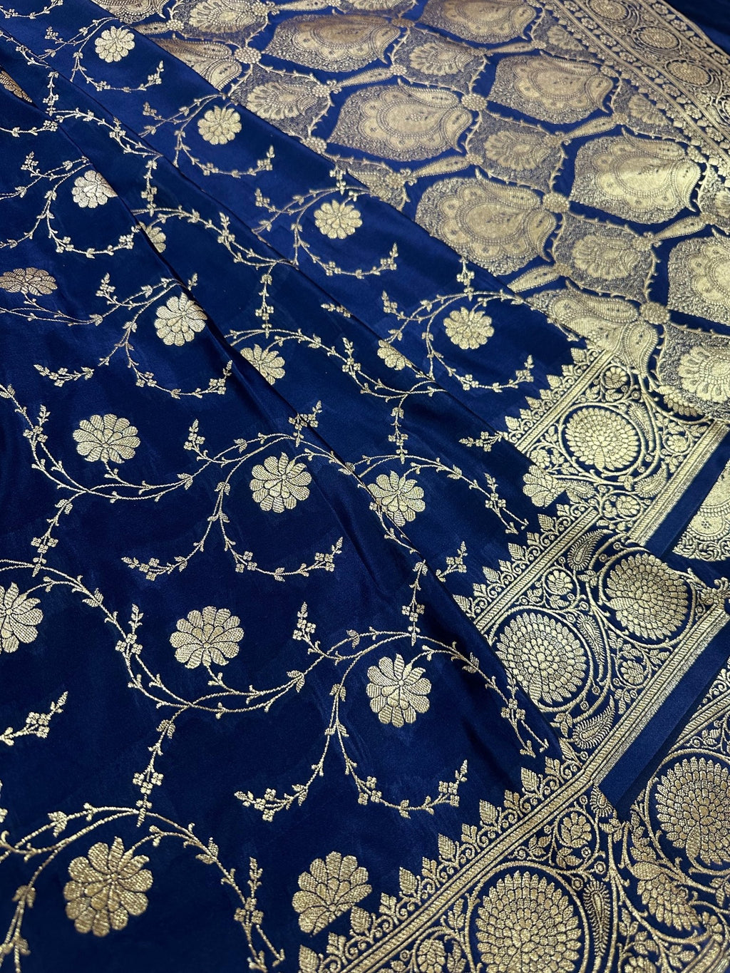 Navy Blue Satin Silk Banarasi Saree with Designer Zari and Mughal - Inspired Aanchal - Katan Banaras