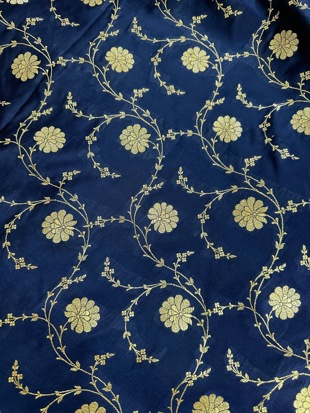 Navy Blue Satin Silk Banarasi Saree with Designer Zari and Mughal - Inspired Aanchal - Katan Banaras