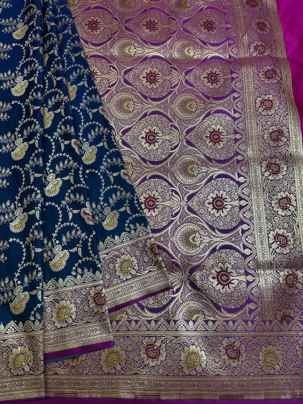 Navy Blue Satin Silk Banarasi Saree with Designer Zari and Mughal-Inspired Aanchal - Katan Banaras
