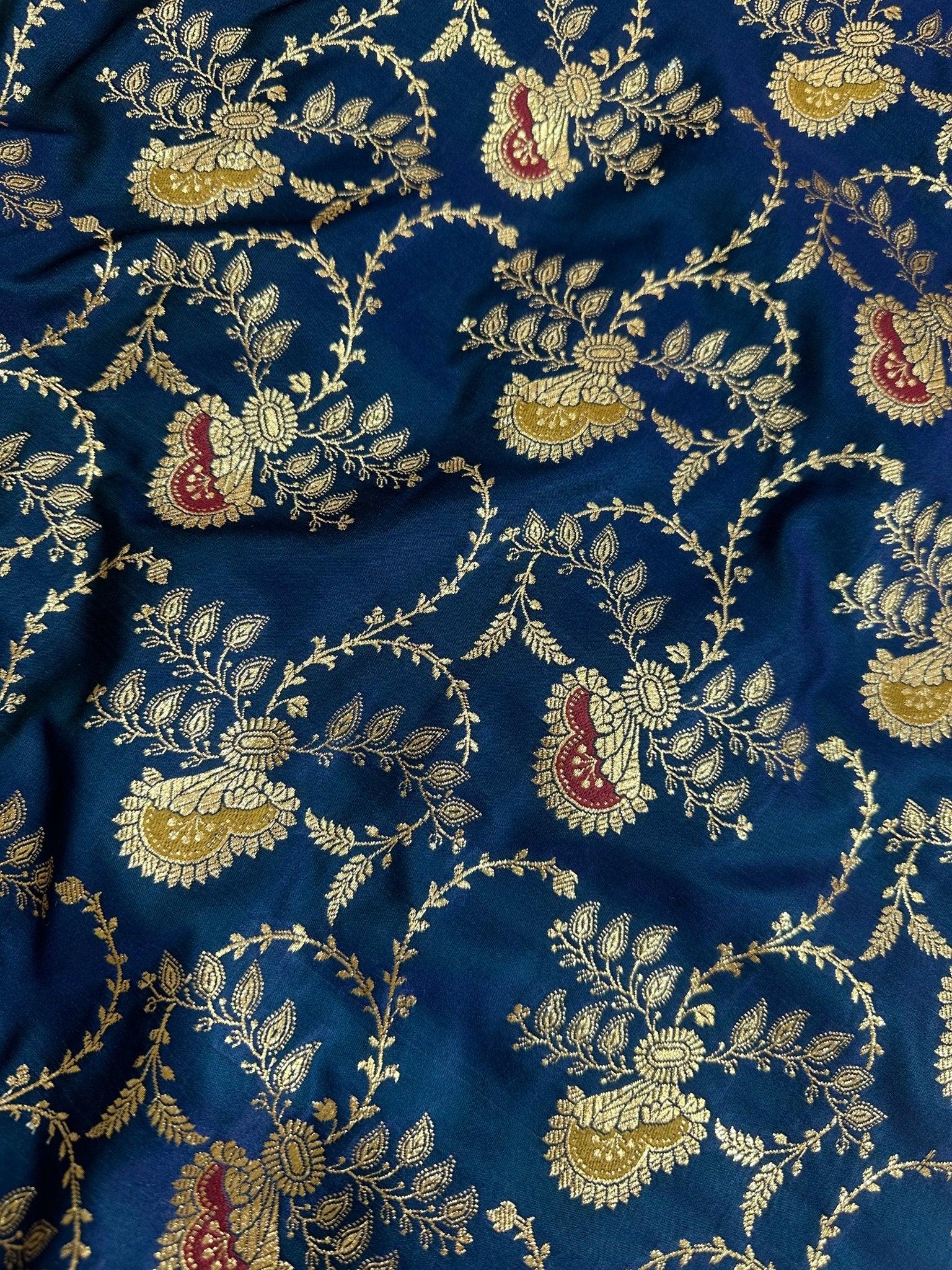 Navy Blue Satin Silk Banarasi Saree with Designer Zari and Mughal-Inspired Aanchal - Katan Banaras