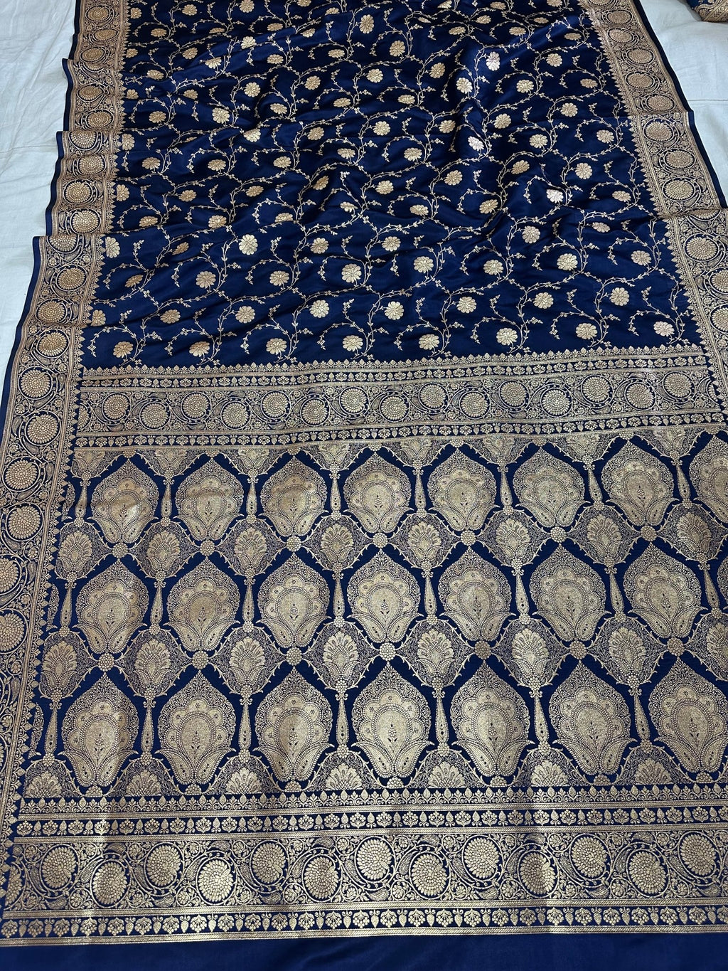 Navy Blue Satin Silk Banarasi Saree with Designer Zari and Mughal - Inspired Aanchal - Katan Banaras