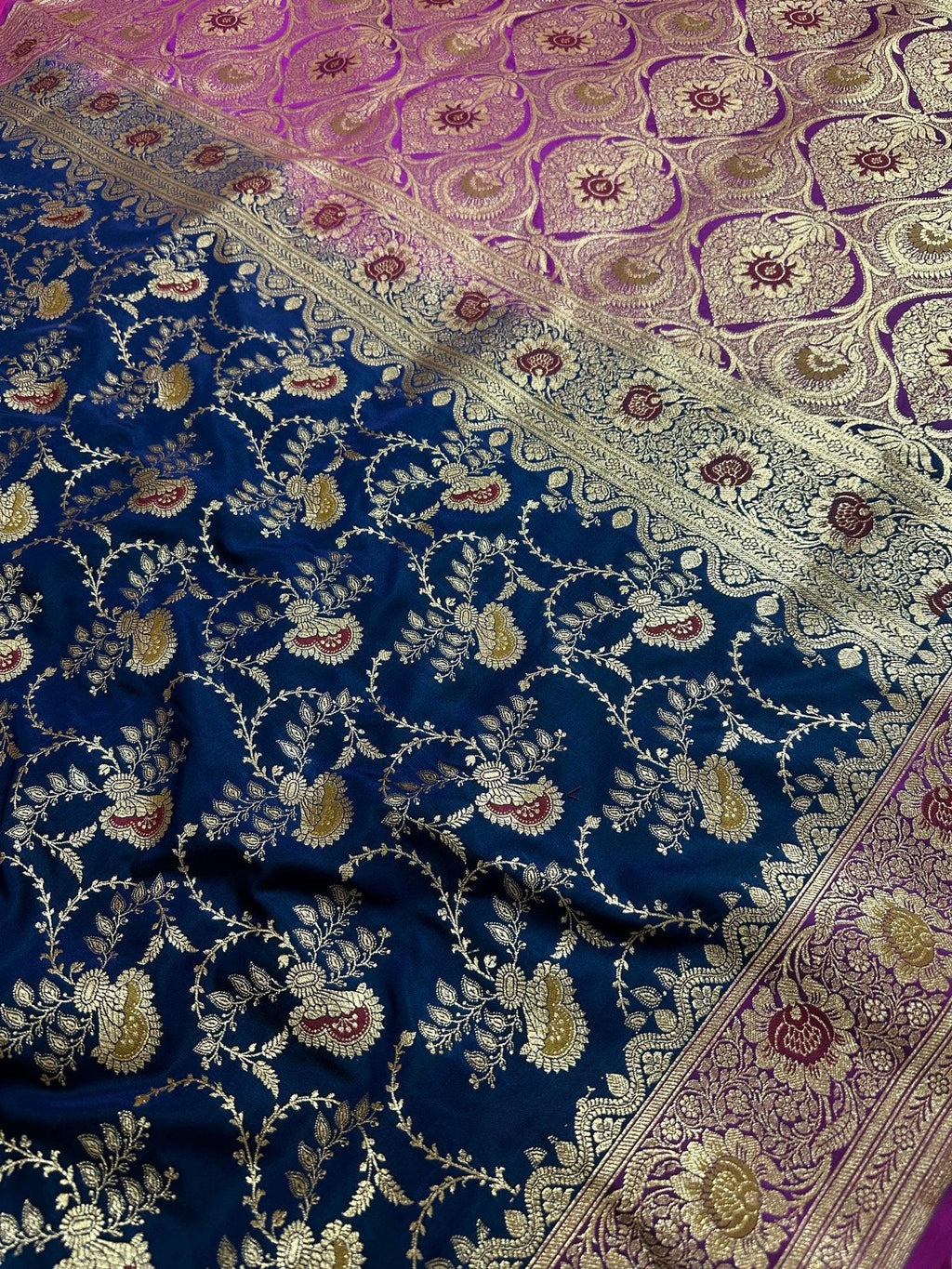 Navy Blue Satin Silk Banarasi Saree with Designer Zari and Mughal-Inspired Aanchal - Katan Banaras