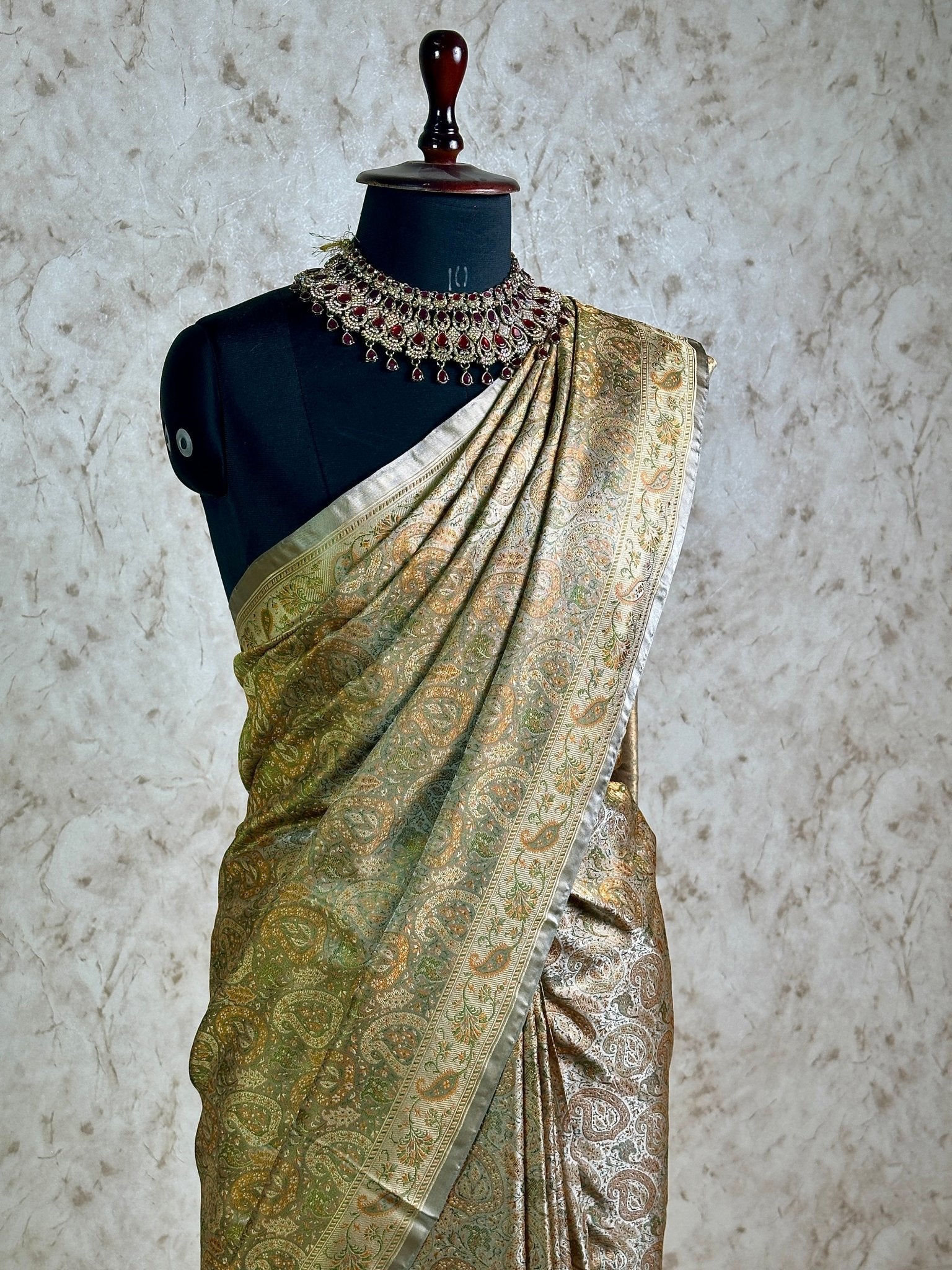 Olive Gold Pure Banarasi Handloom Jamawar Tanchui Kadhwa Interlocked Weaved Saree - Katan Banaras