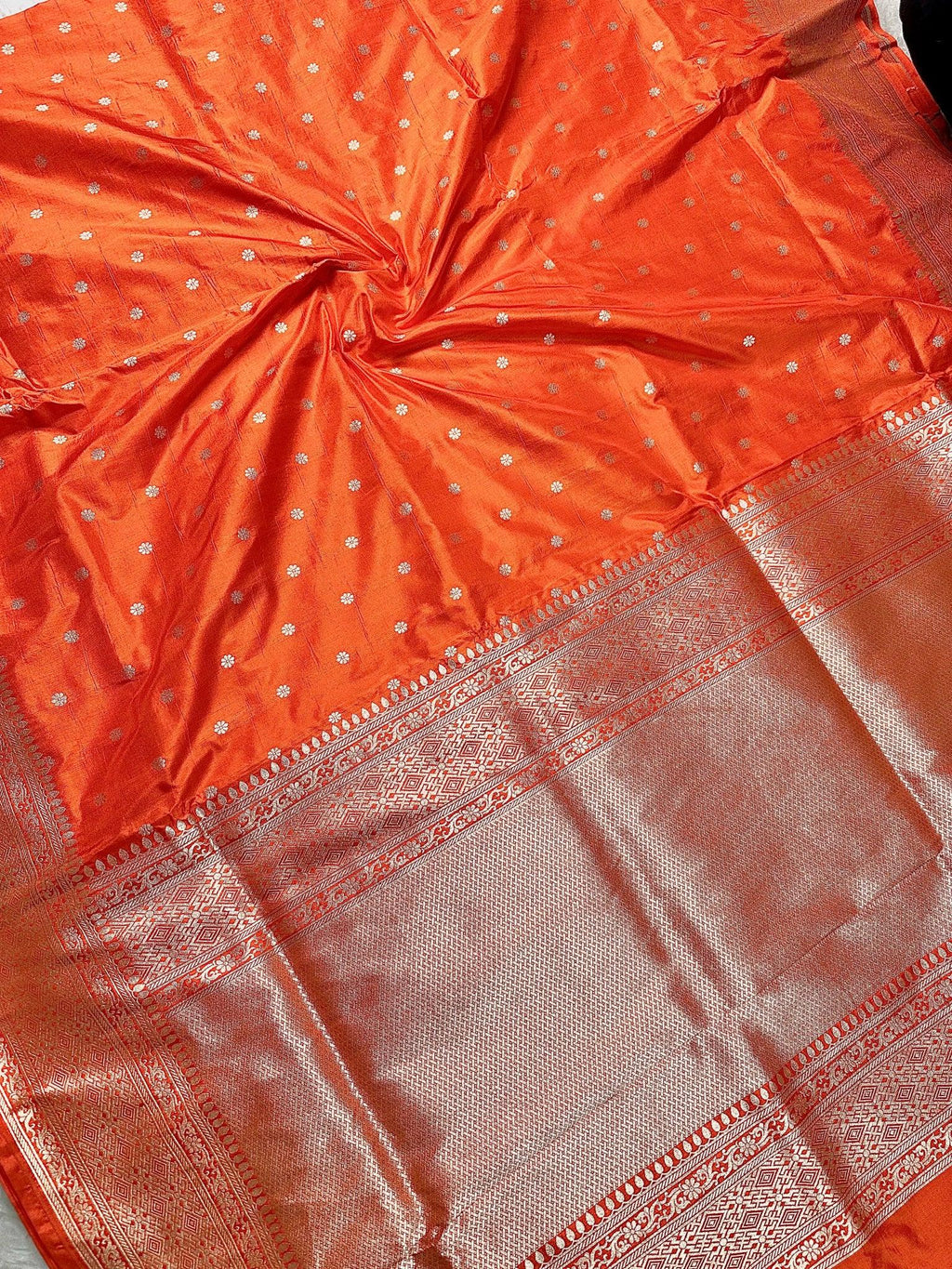Orange Pure Katan Silk Banarasi Saree with Silver Zari Buti & Traditional Handwoven Border - Katan Banaras