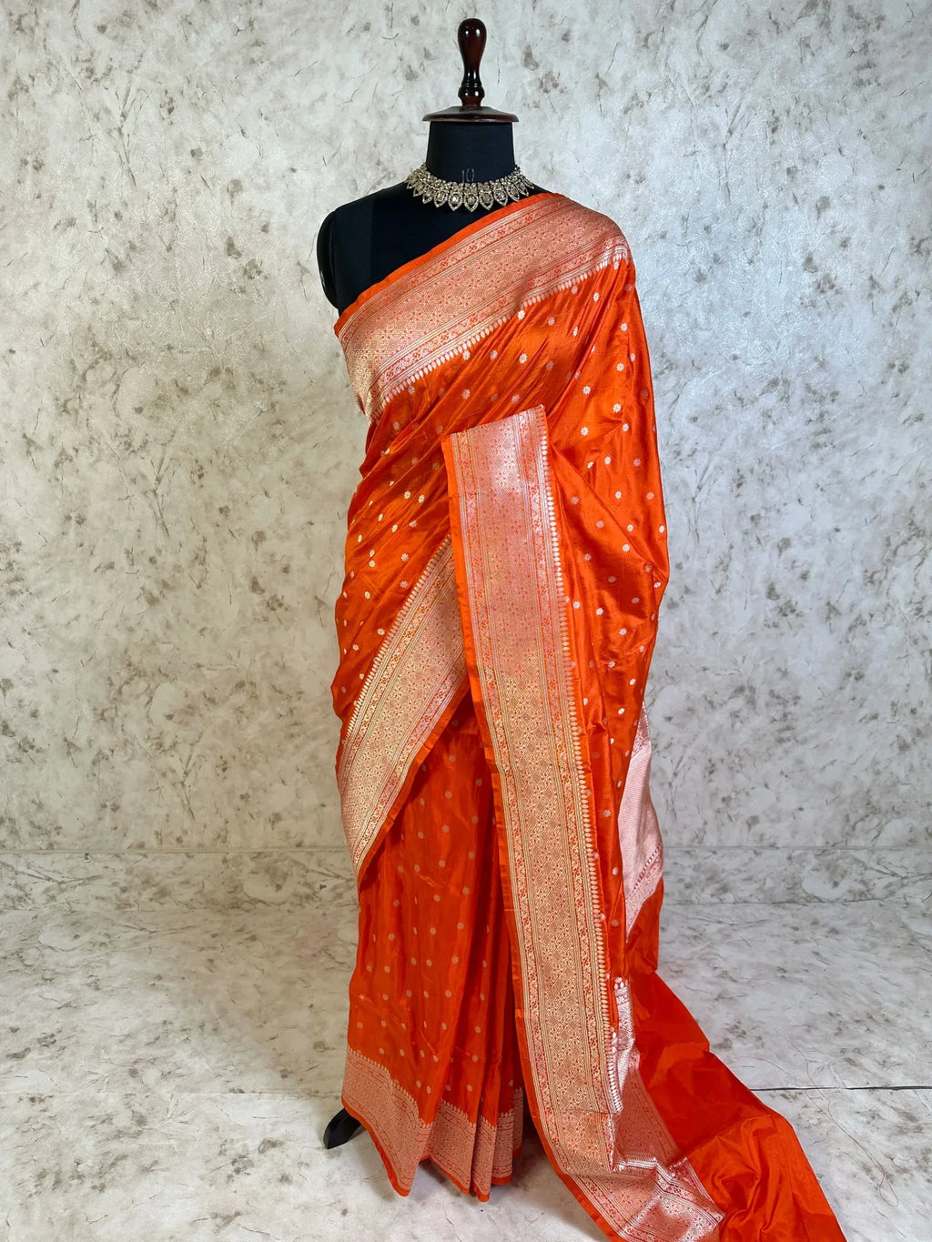 Orange Pure Katan Silk Banarasi Saree with Silver Zari Buti & Traditional Handwoven Border - Katan Banaras