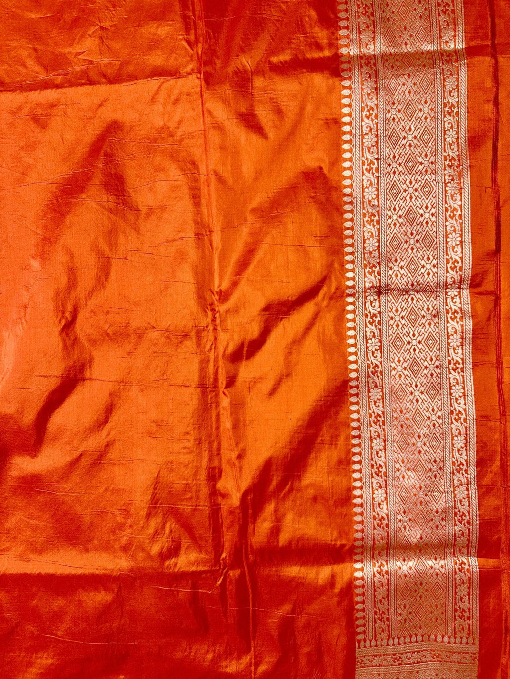 Orange Pure Katan Silk Banarasi Saree with Silver Zari Buti & Traditional Handwoven Border - Katan Banaras