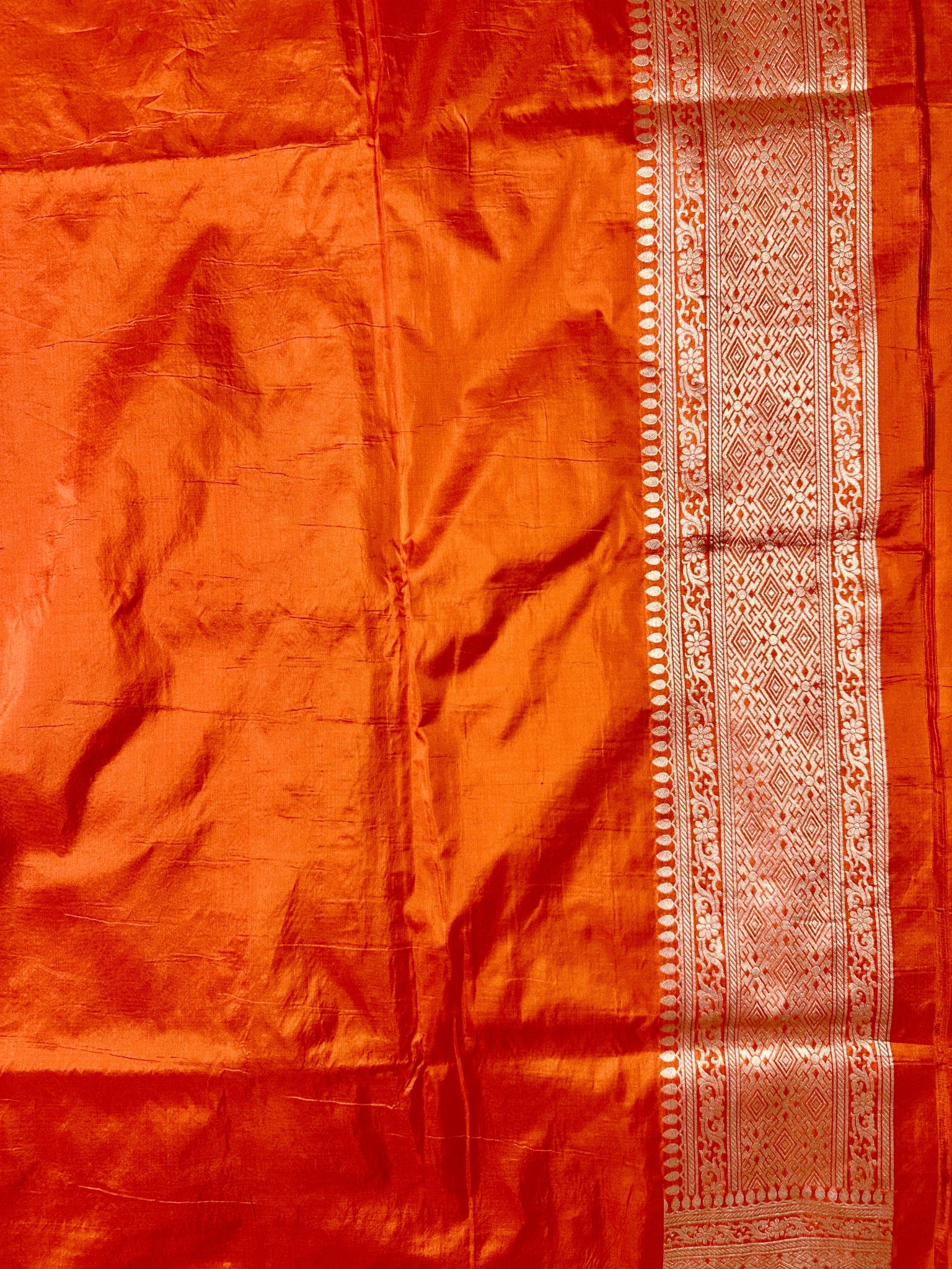 Orange Pure Katan Silk Banarasi Saree with Silver Zari Buti & Traditional Handwoven Border - Katan Banaras