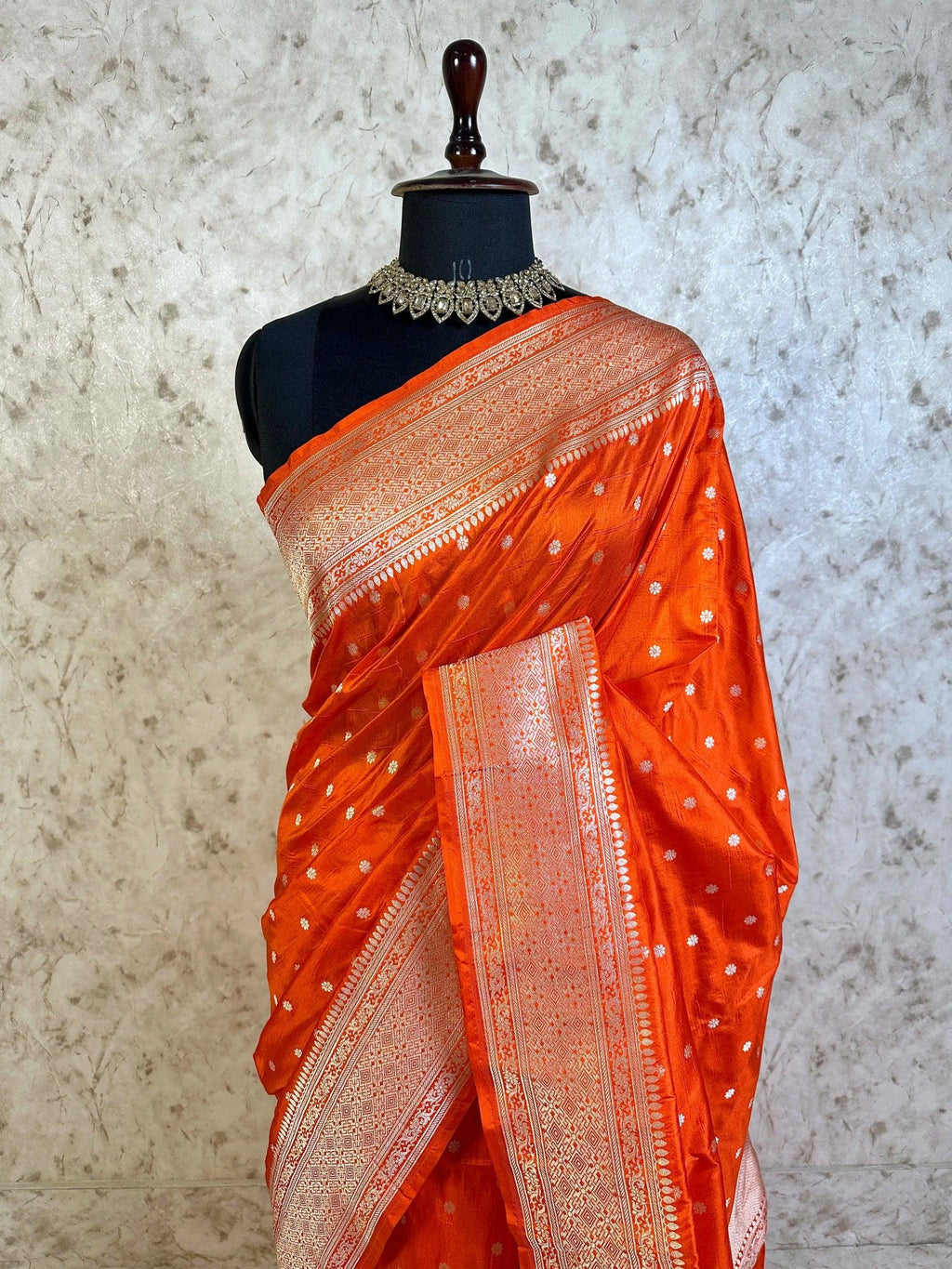 Orange Pure Katan Silk Banarasi Saree with Silver Zari Buti & Traditional Handwoven Border - Katan Banaras